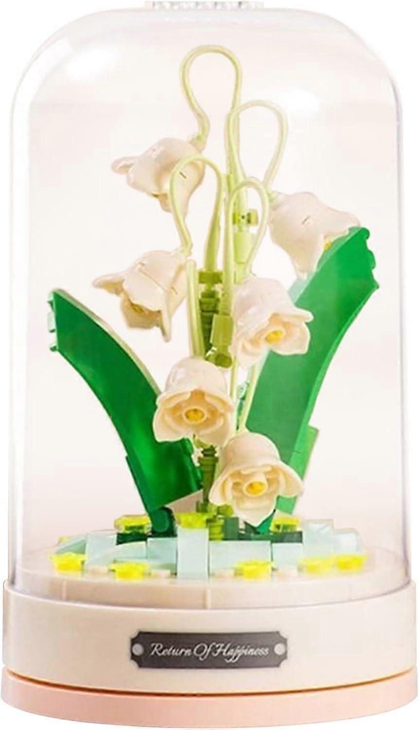 Building Blocks Flower Bouquet Set with Music Box and Dust-Proof Dome for Home Decor, Decorative Art Piece, Gift Idea