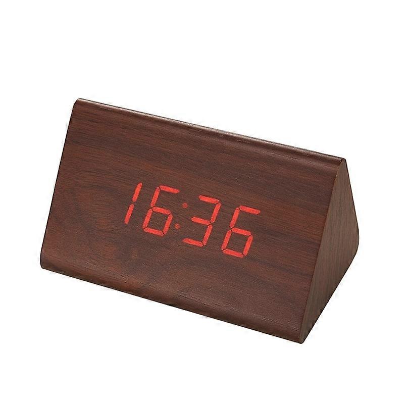 Mute Luminous Electronic Clock Wooden Sound Control Small Triangle Alarm Clock Brown Wood Red Light
