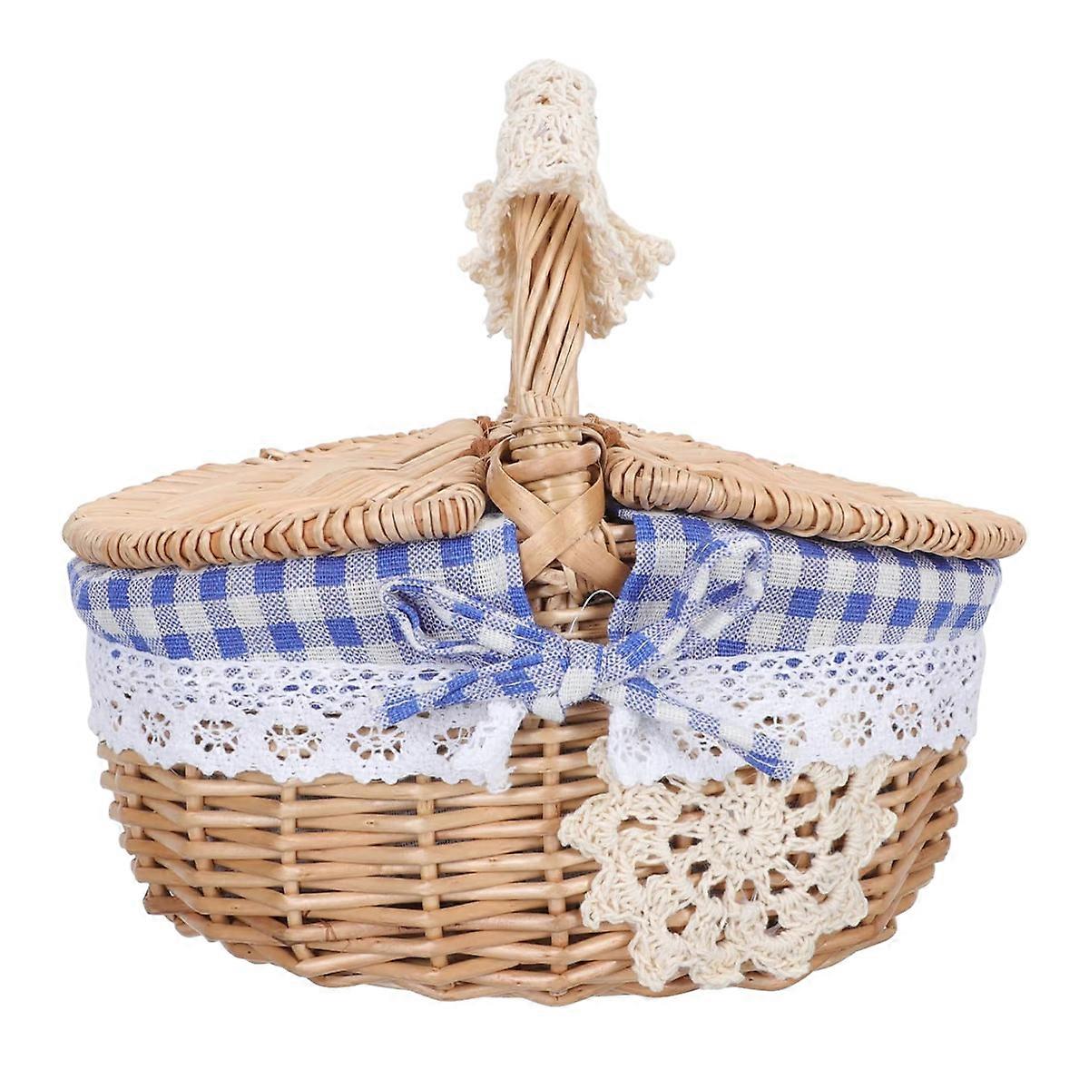 1 pz cestini da picnic in vimini con manico e coperchio, doppi coperchi cestino da picnic in vimini per picnic (26 * 18 * 15 cm)