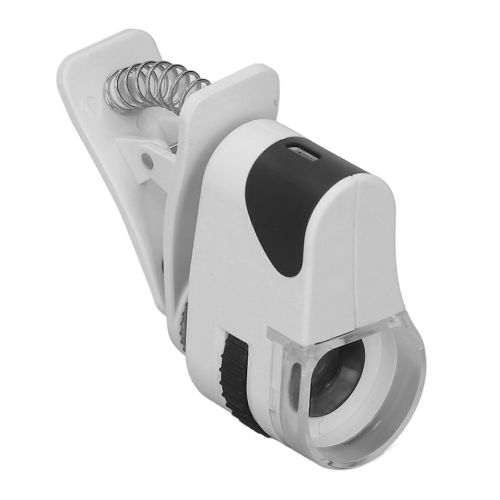 Cellphone Clip On Microscope 50X Magnification Adjustable Focus USB Rechargeable Clip On Type Loupe with LED Light Banknote Detecting Light 