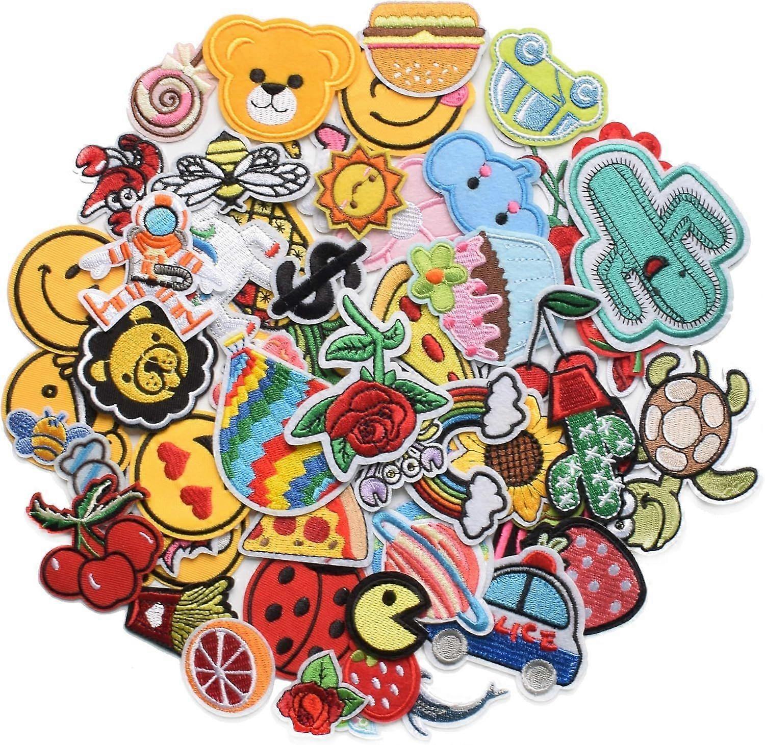 60 random various embroidered patches, bright colors, sewing/ironing patch decals