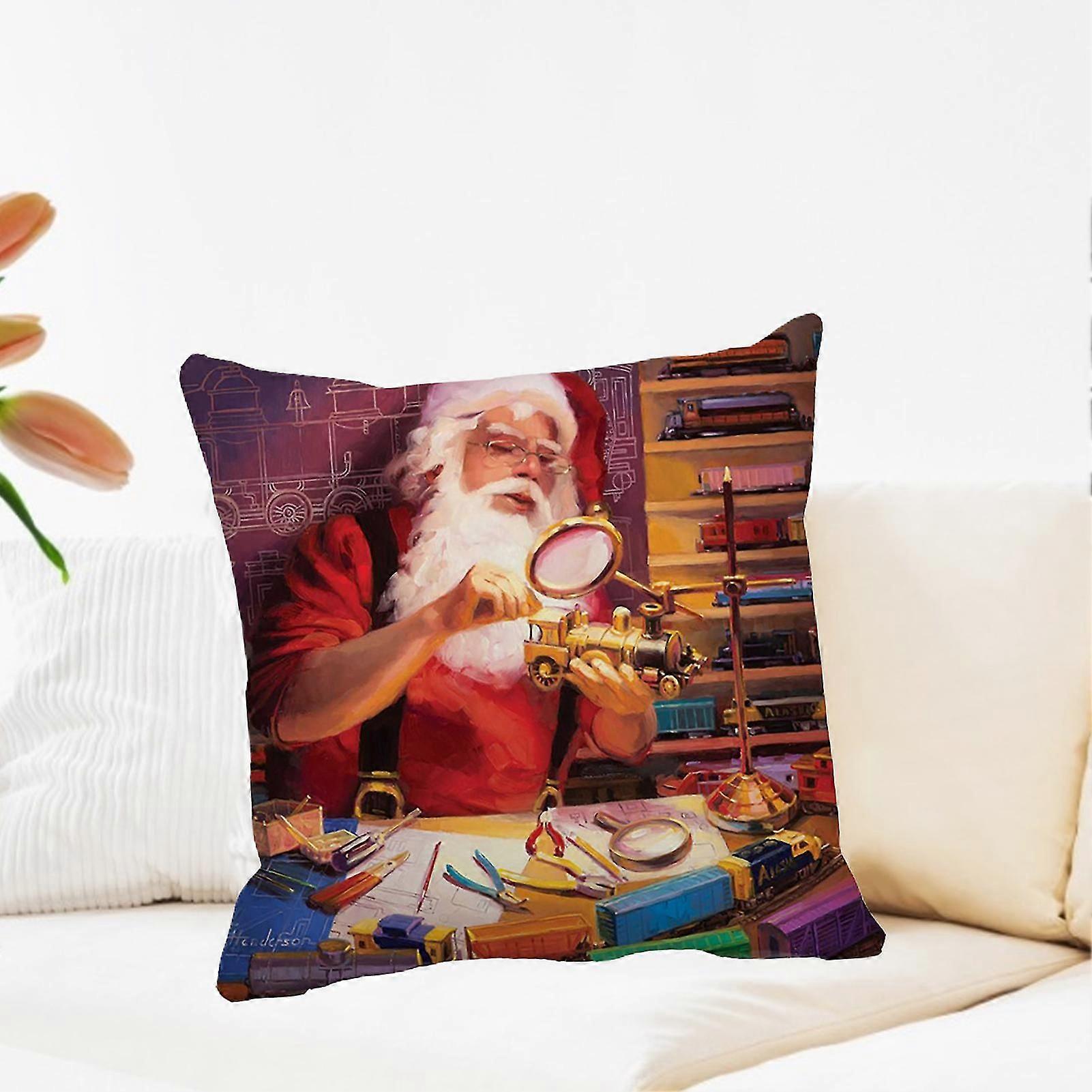 Christmas Theme Pattern Polyester Peach Skin Santa Claus Snowman Square Sofa Throw Pillow Case for Home