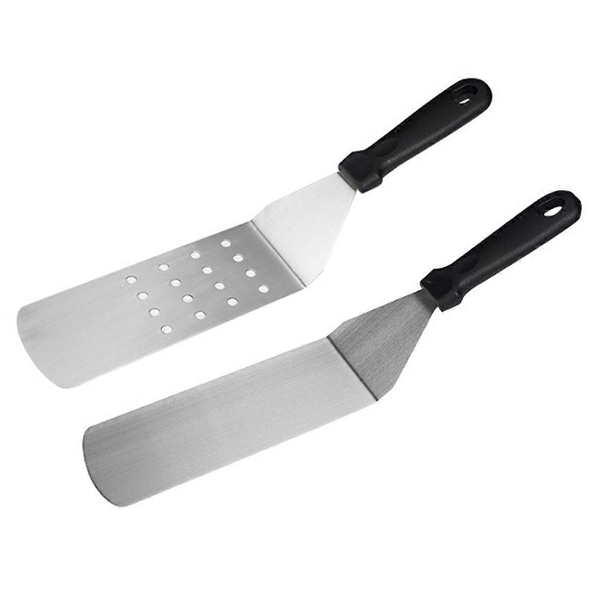 2 professional turning tools/grill scrapers (angled, rigid), with perforated and closed blades, stainless steel/plastic, busbar, black/silver