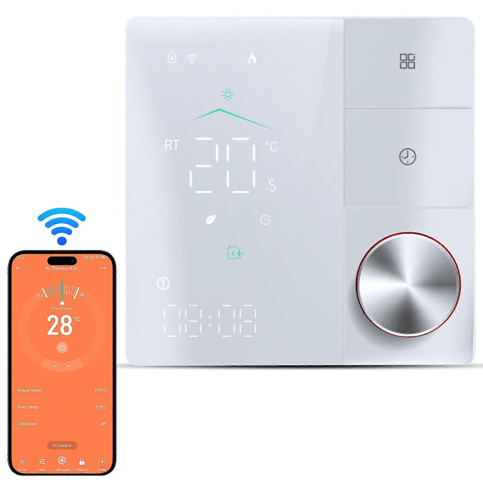 Smart Thermostat for House Electric Floor Heating WiFi AC thermostat with AI Smart Learning APP Control LED Digital Touch Screen and Adjustable Knob 
