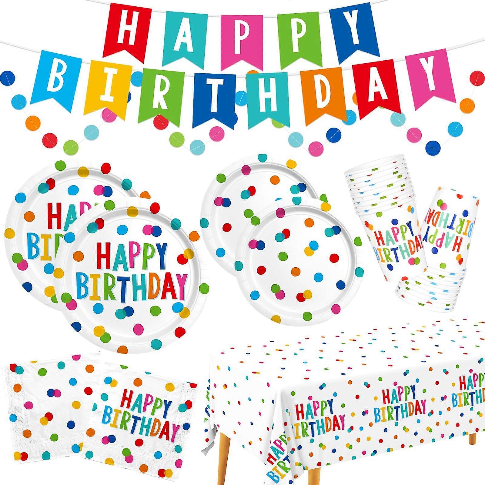 Set of Happy Birthday Party Supplies with Birthday Dots Design for Serves 25