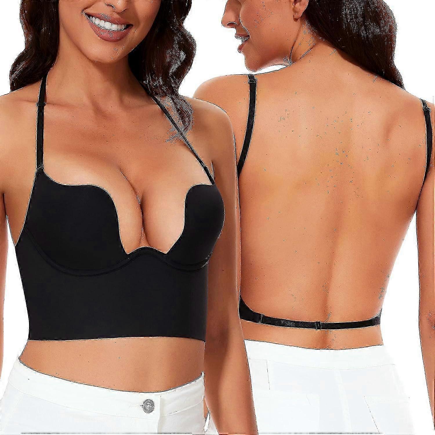 Seamless Deep U Plunge Backless Bras for Women with Convertible Multiway Low Cut Open Back Halter Style