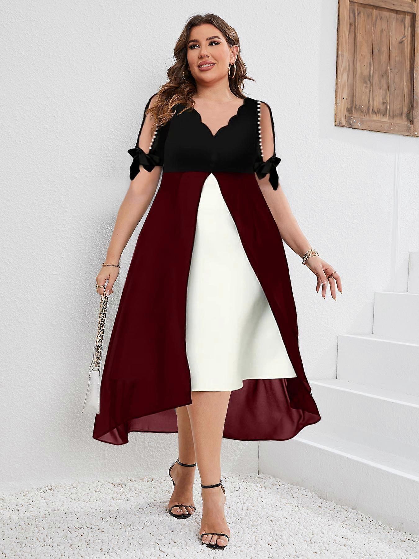 Spring and Summer Dresses Plus Size Women's V-neck Splicing Irregular Medium-sleeved Dresses