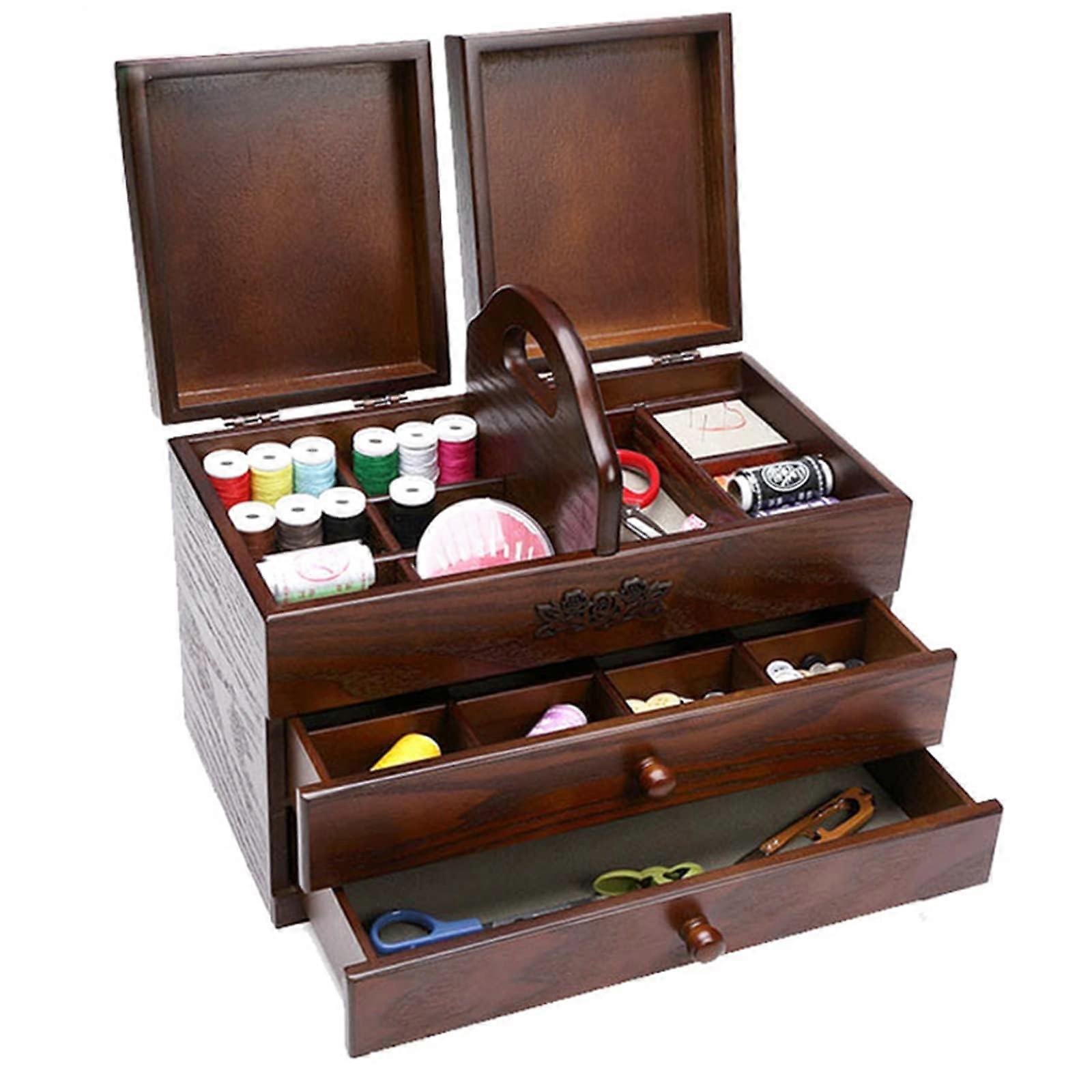 Generic Large Wooden Sewing Box with 2 Drawers Sewing Tool Organizer with Compartment for Home and Embroidery Easy to Carry Empty Box for DIY