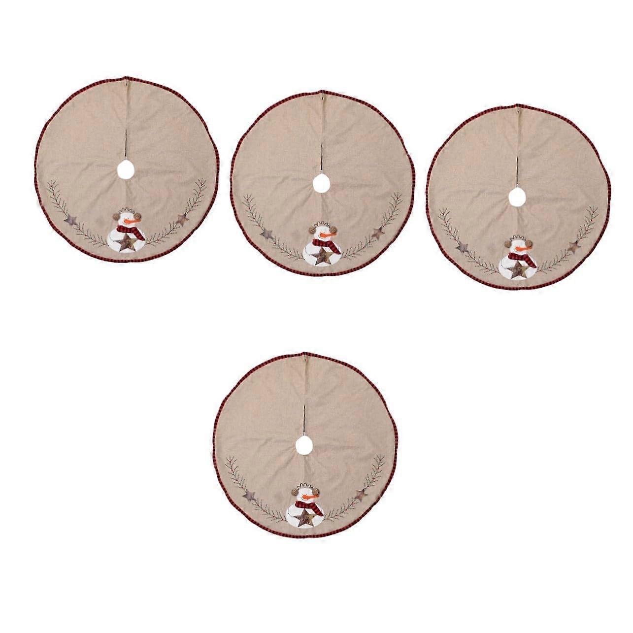 Christmas Tree Skirt Pack of 4 Decorative Linen Tree Skirts for Christmas with Snowman Design, Farmhouse Style, Floor Mat