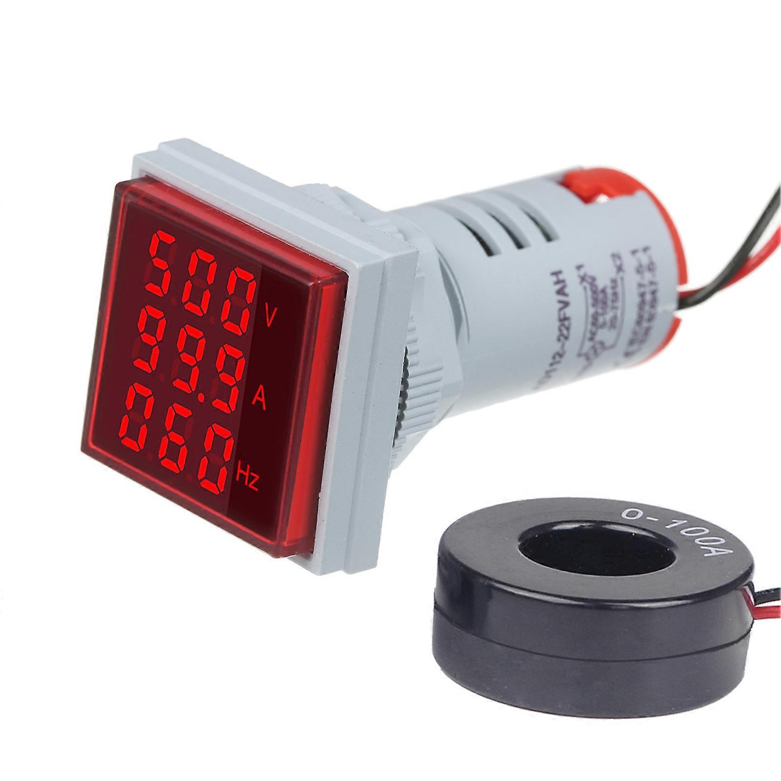 Mini Square Digital Volt-ammeter with Three LED Display for AC Voltage, Current & Frequency Monitoring 60 - 500V, 0 - 100A, 20 - 75Hz
