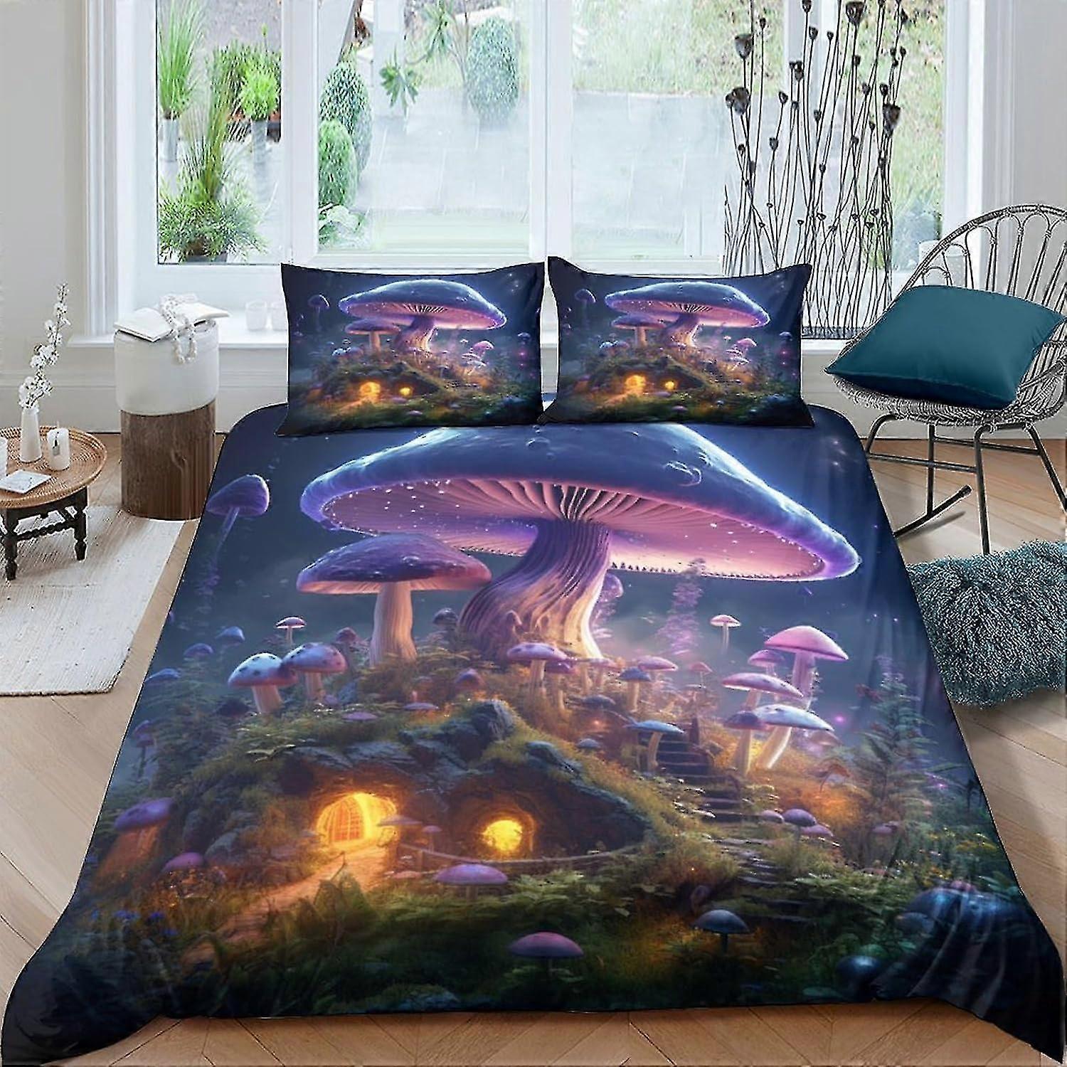 Conjuntos de capa de edredom Fantasy Mushrooms - 3D, capa de edredom de floresta de fadas, conjunto de cama de capa de edredom para crianças Conjunto de 3 peças com zíper