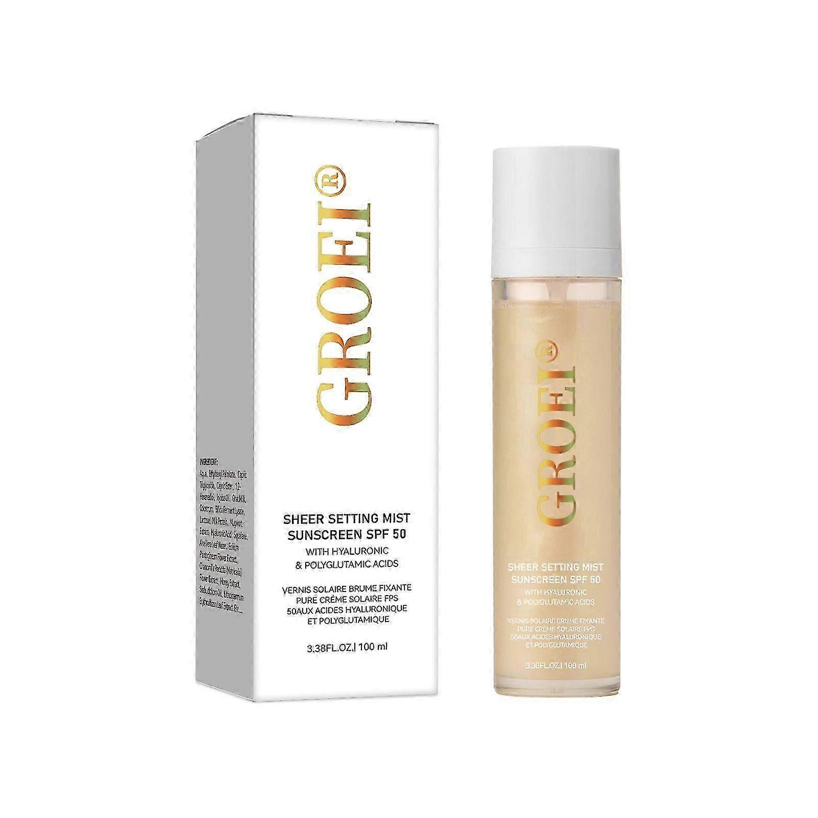 Sheer Setting Mist Sunscreen SPF 50, Broad Spectrum Shimmering Body Oil Mist with Hyaluronic Acid & Polyglutamic Acid, Hydrating Makeup-Friendly Glow