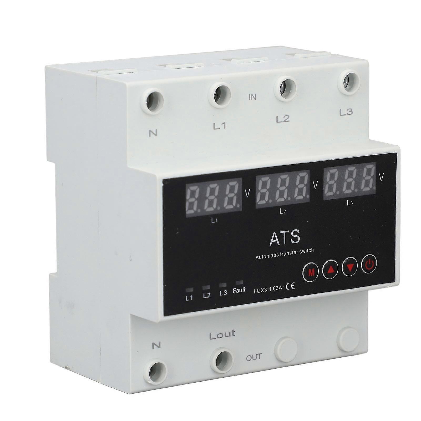 Automatic Transfer Switch DIN Rail Mounted 3 Phase Adjustable LED Display Under Over Voltage Protector AC220V