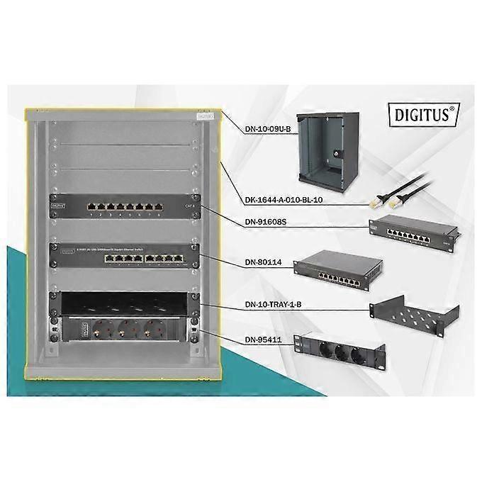 DIGITUS 10 Zoll Set - 9HE Netzwerkschrank Schwarz - Shelf - Steckdosenleiste - 8 Port Patchpanel - 8 Port Gigabit Switch