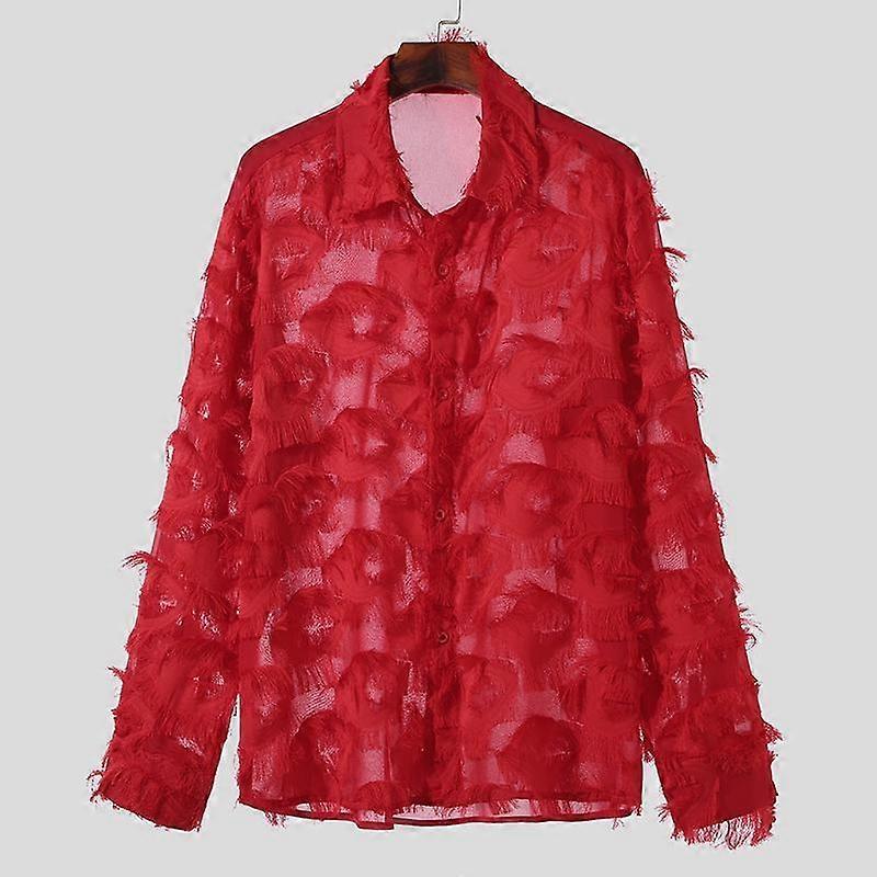 INCERUN Men Long Sleeve Button Up See Through Tassels Shirts Party Tops