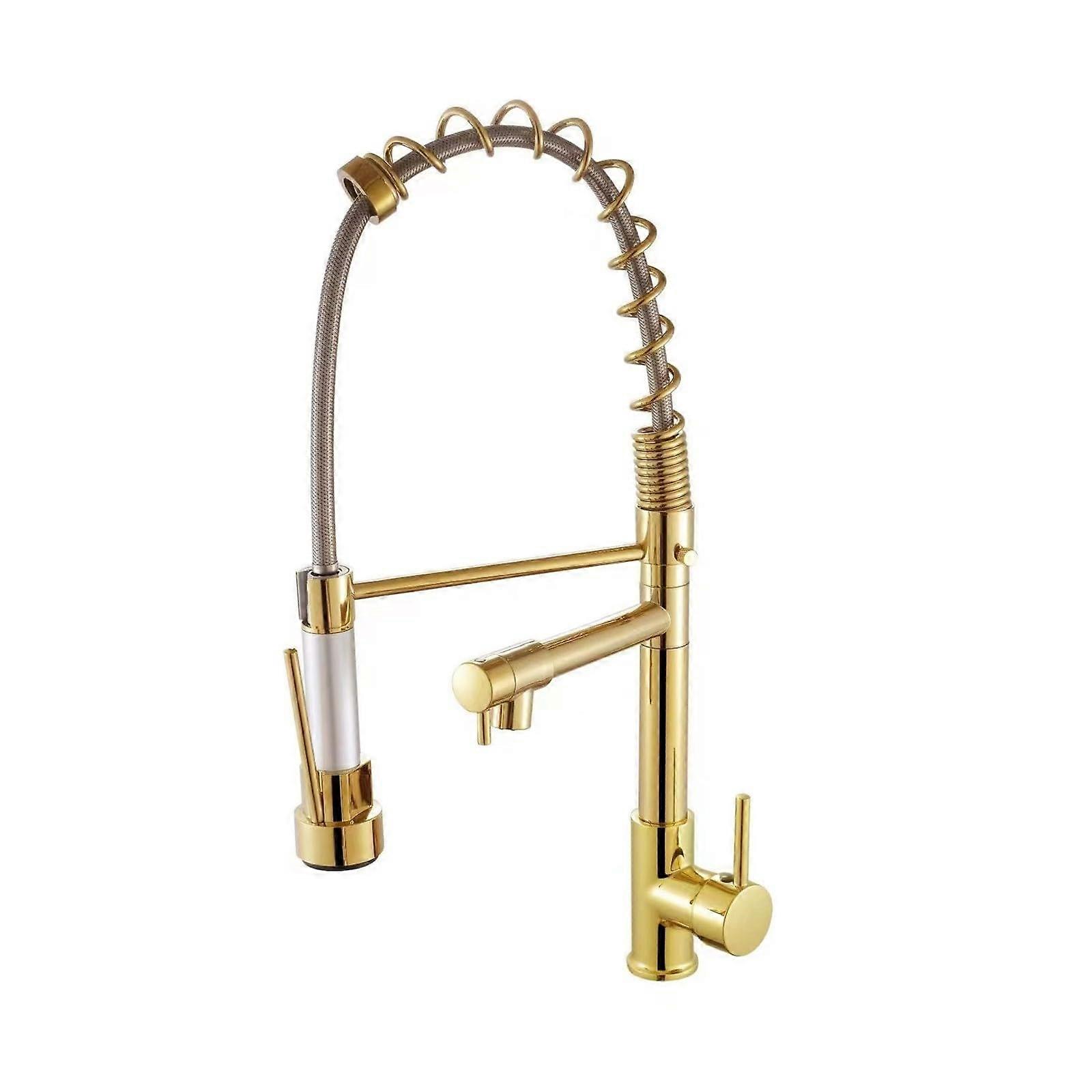 Extendable Swivel Double Kitchen Faucet with Hot and Cold Spring in Gold for Sink