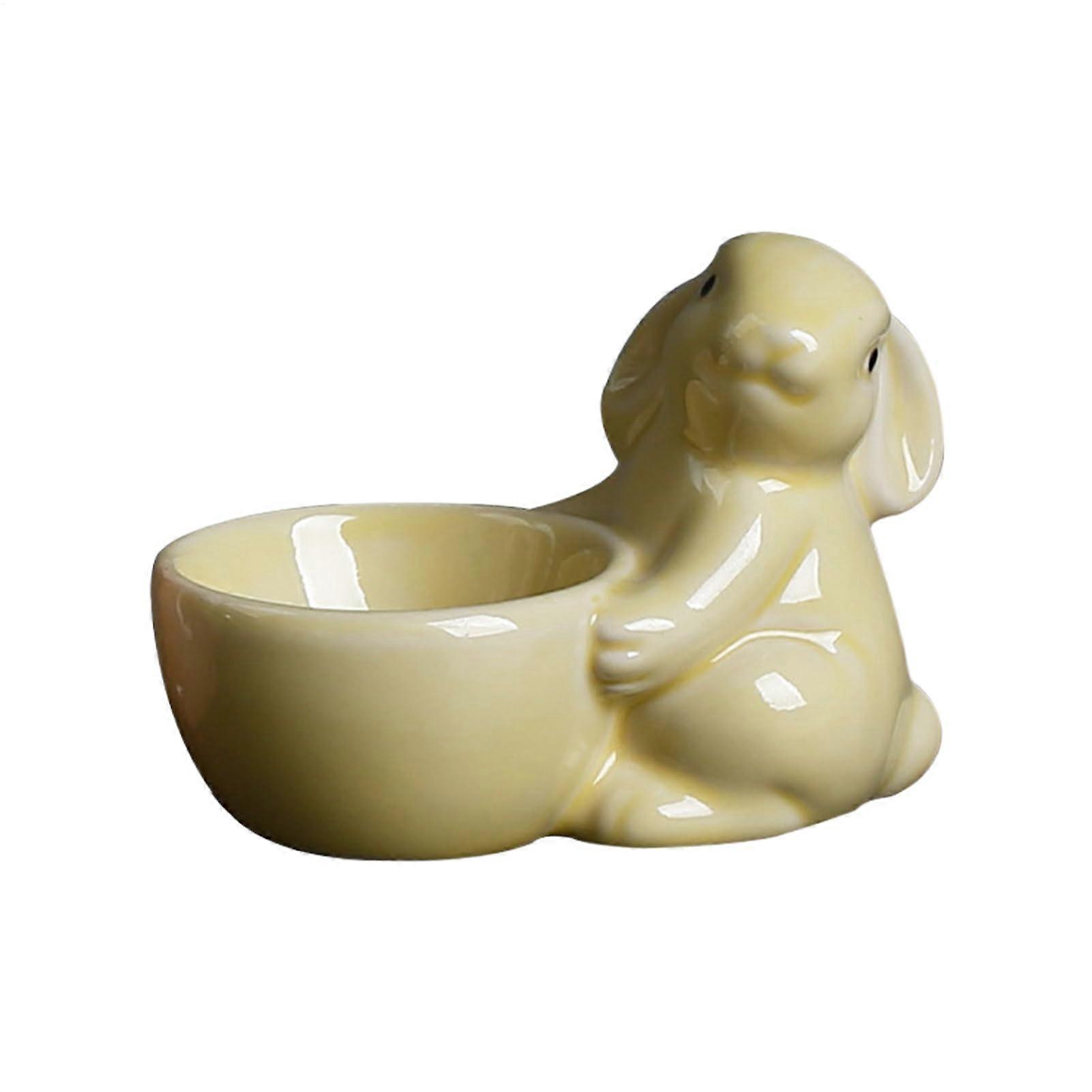 Ceramic Egg Cup, Easter Bunny Egg Stand, Yellow Egg Holder With Bunny Statue, Easter Table Decor For Breakfast Or Dinner
