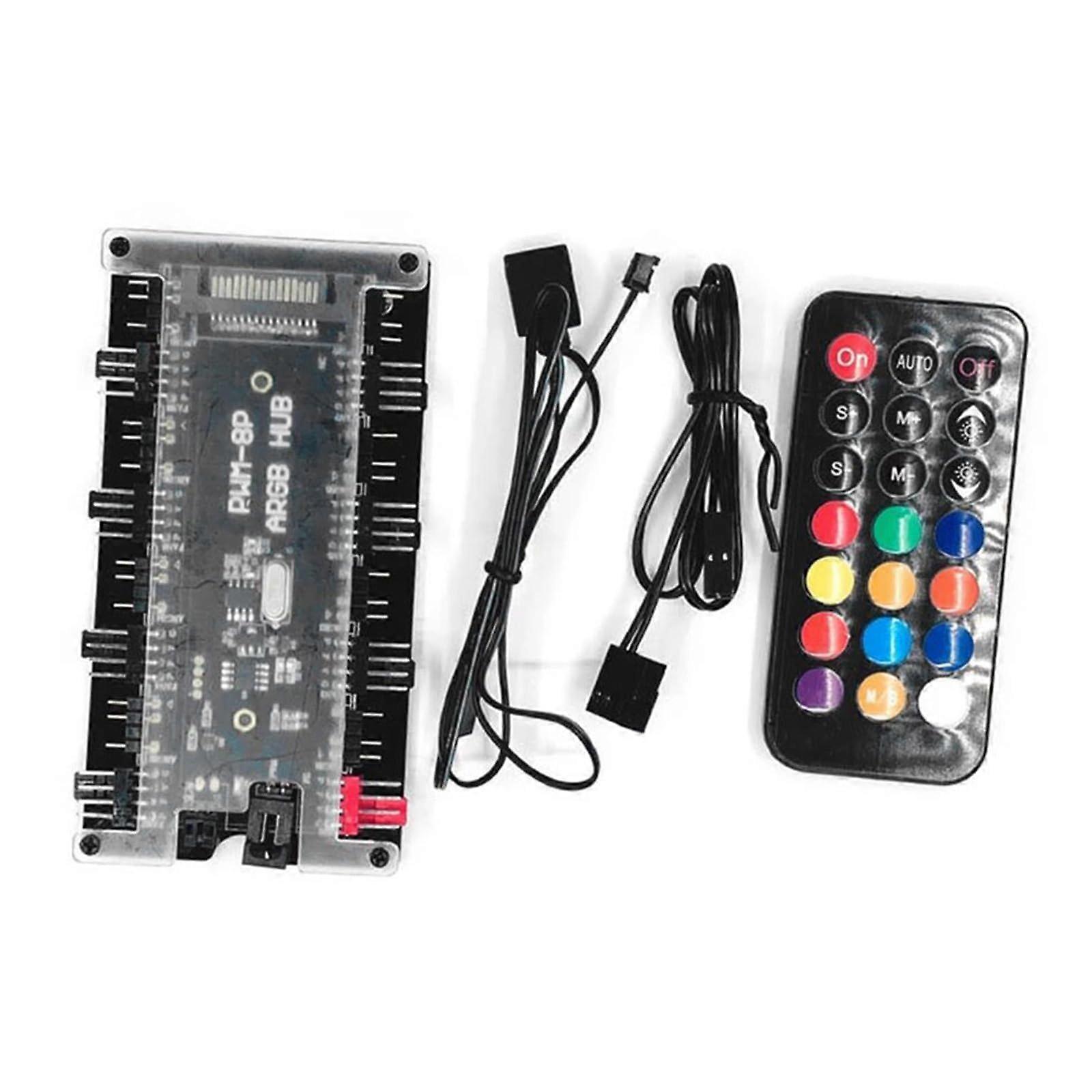 ARGB Fan Controller with 8 PWM and 8 ARGB Ports, Power and Mounts for PC Case ARGB Controller