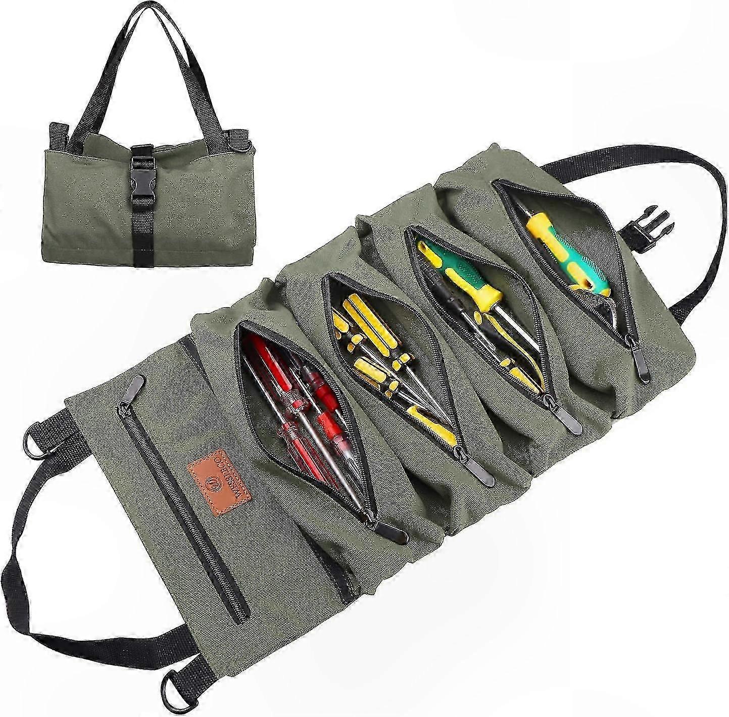 Green Canvas Tool Organizer Roll Up Bag for Wrenches and Multi-purpose Use