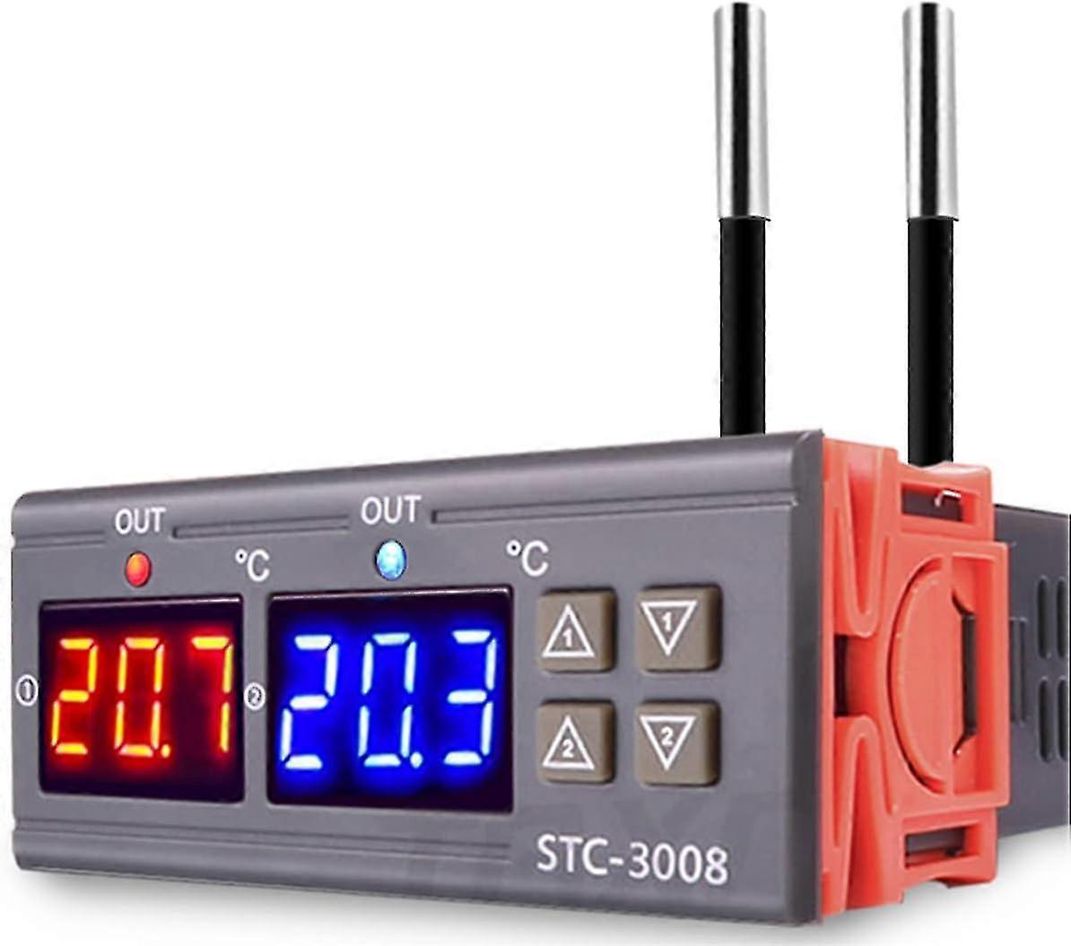 1pc STC-3008 DC 12V Temperature Thermostat Controller,Digital Temperature Controller with Dual Display and Dual NTC Probe Sensor,Heating and Cooling
