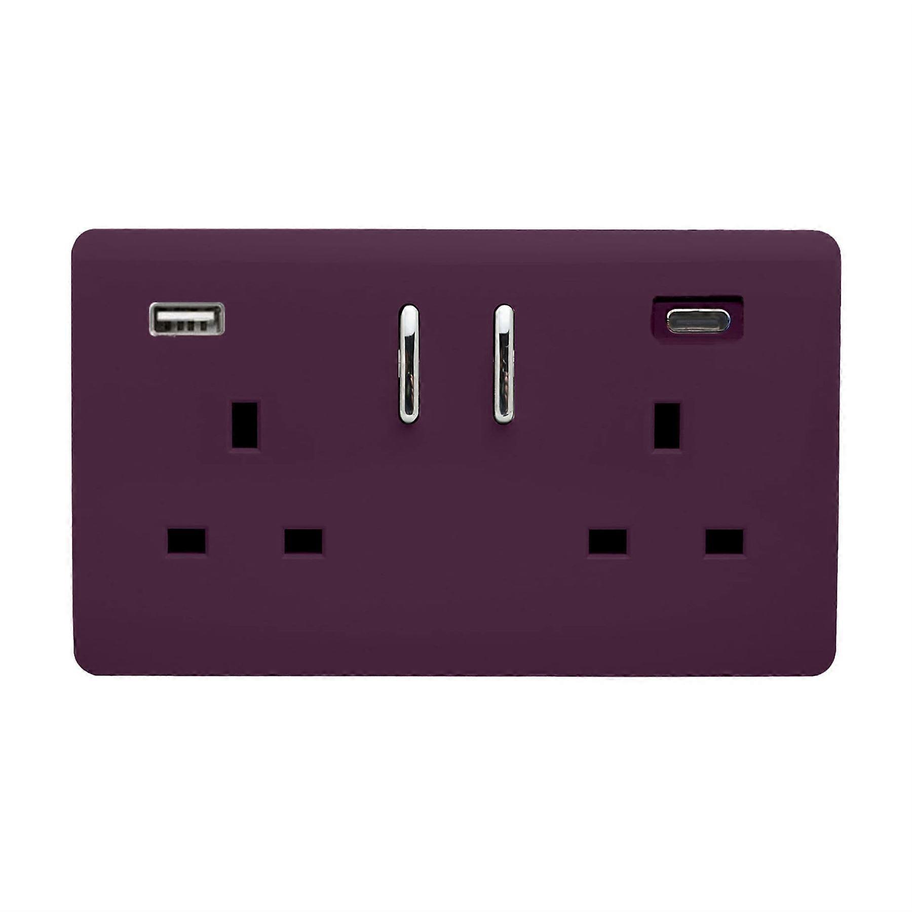 Trendi 2 Gang Artistic Modern Glossy 13 Amp 2 x Type A & C 3100mA USB Switched Plug Socket Plum Purple