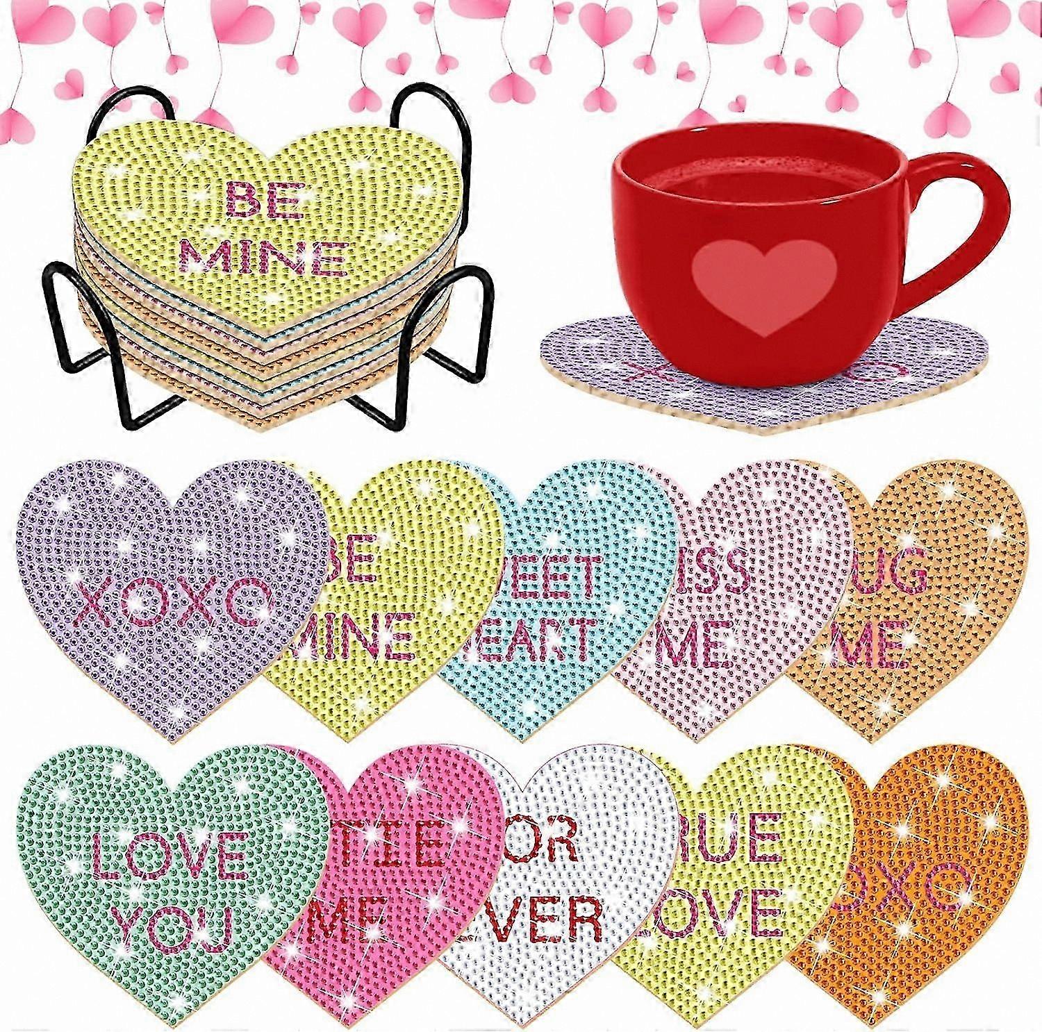 10pcs Wooden Diamond Painting Coasters, DIY Love-Themed Art Kits for Home Decor and Gifts