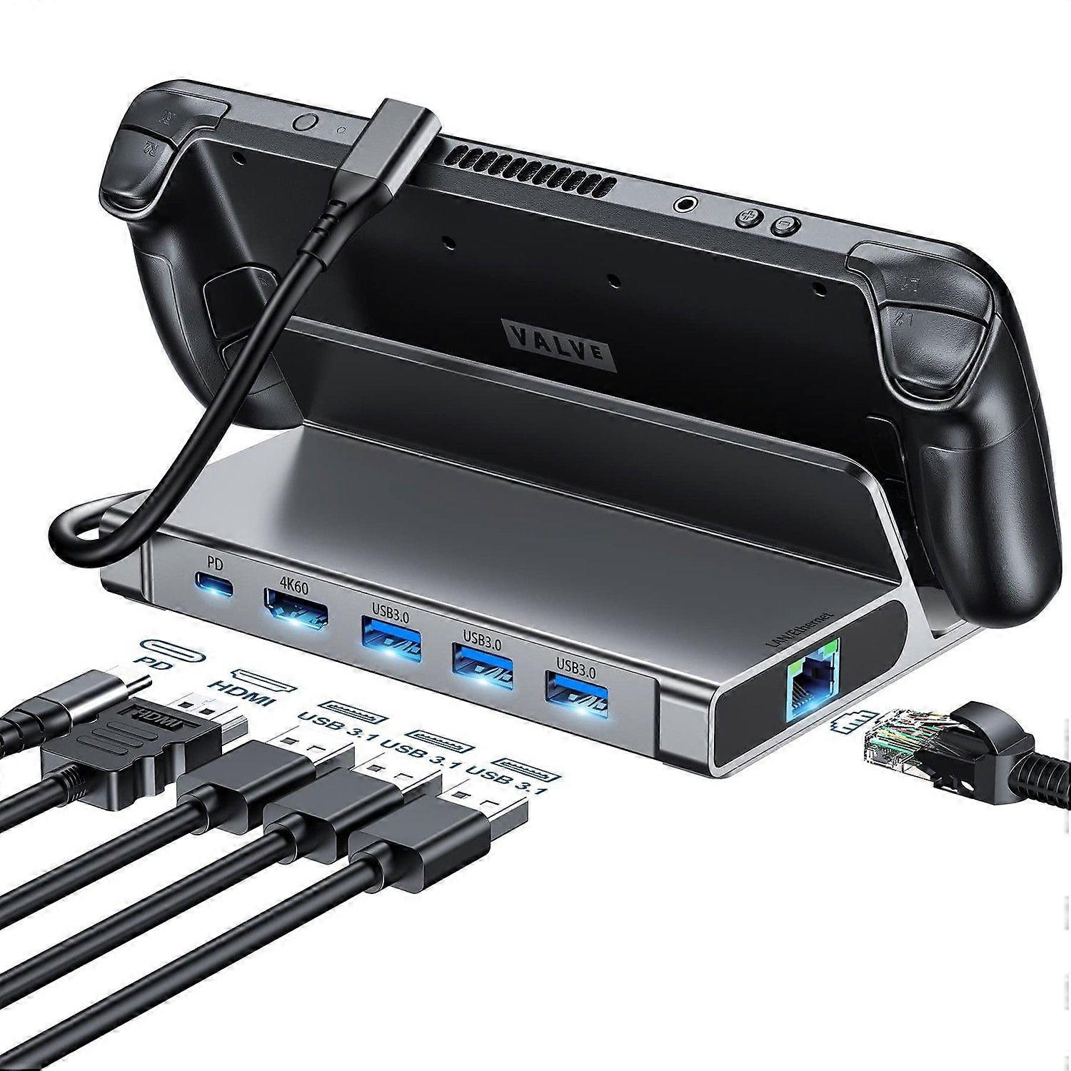 Docking Station for Steam Deck, 6-in-1 Steam Deck Dock Stand with HDMI 2.0 4K@60Hz, Gigabit Ethernet, 3 USB-A 3.0 and Full Speed Charging USB-C PD Por