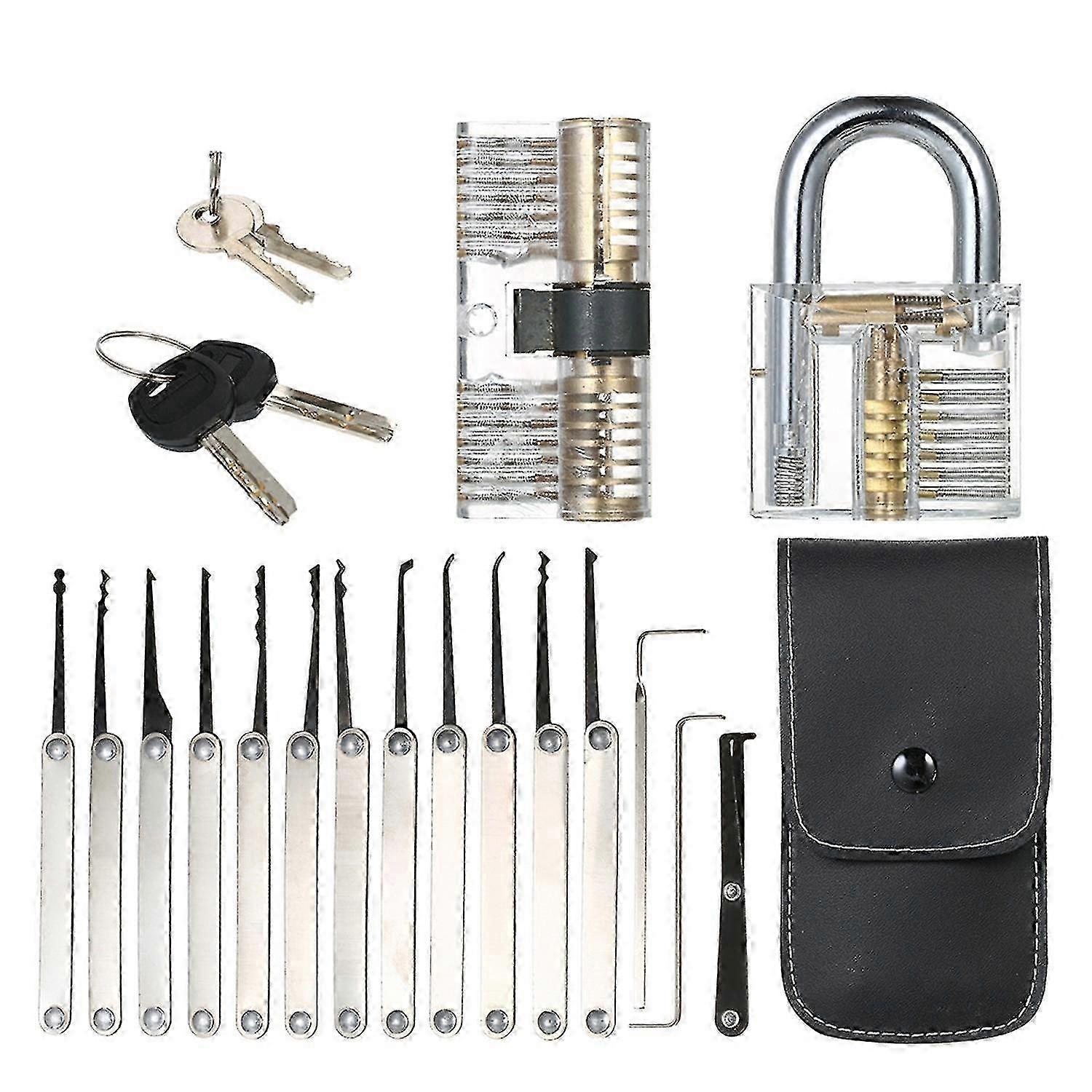 15pcs Lock Picking Set Kit Tool with Two Transparent Practice Training Padlock Lock for Locksmith Be