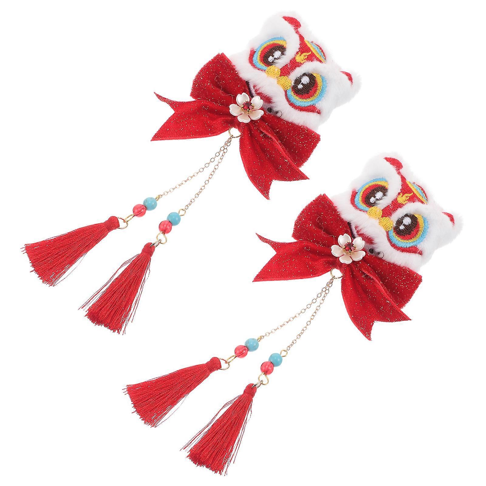 Red Plush Hairpins Chinese New Year Hair Clip for Party Use 4Pcs with Tassels