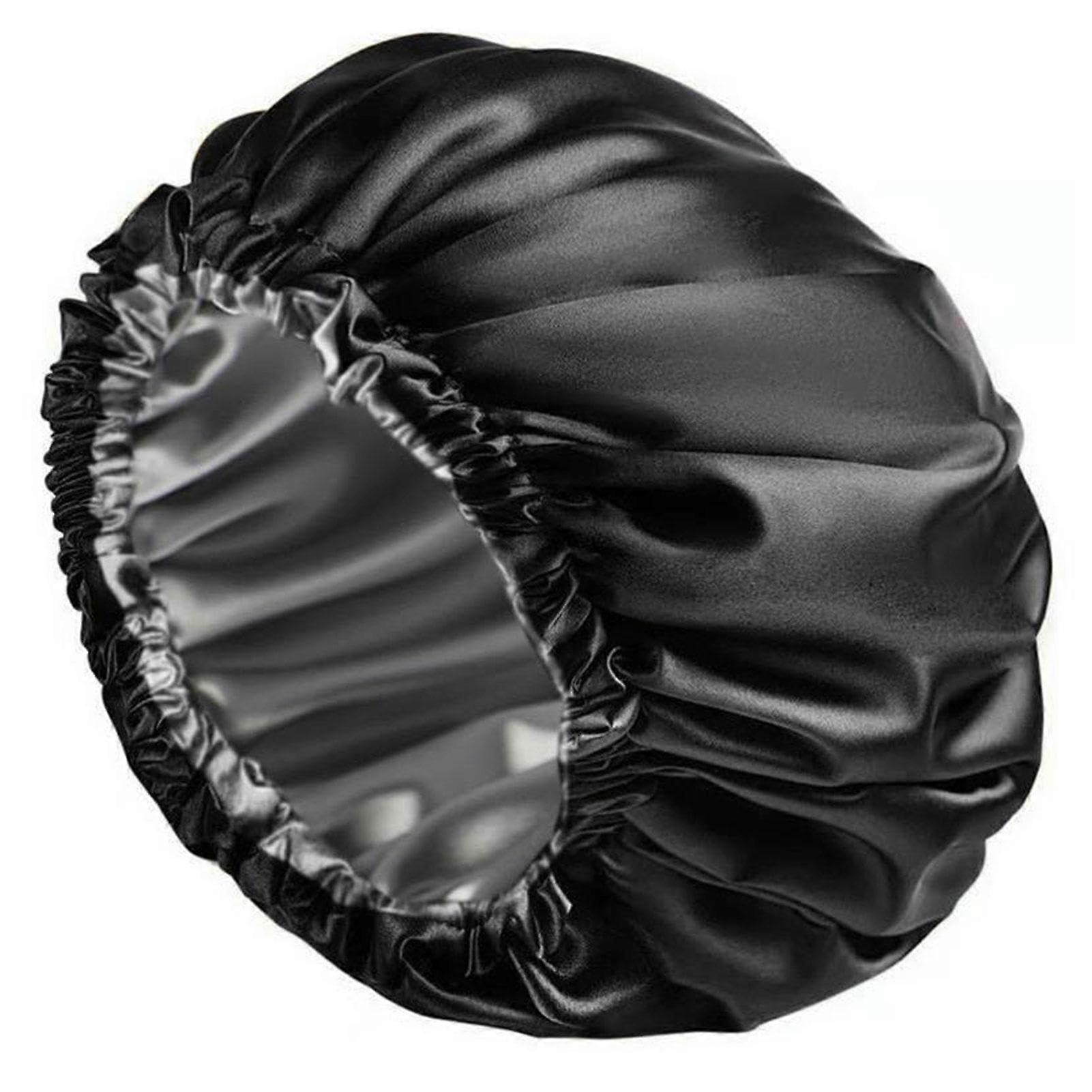 Waterproof Shower Cap Night Hat Adjustable Double Layer Reusable Black Hair Cap