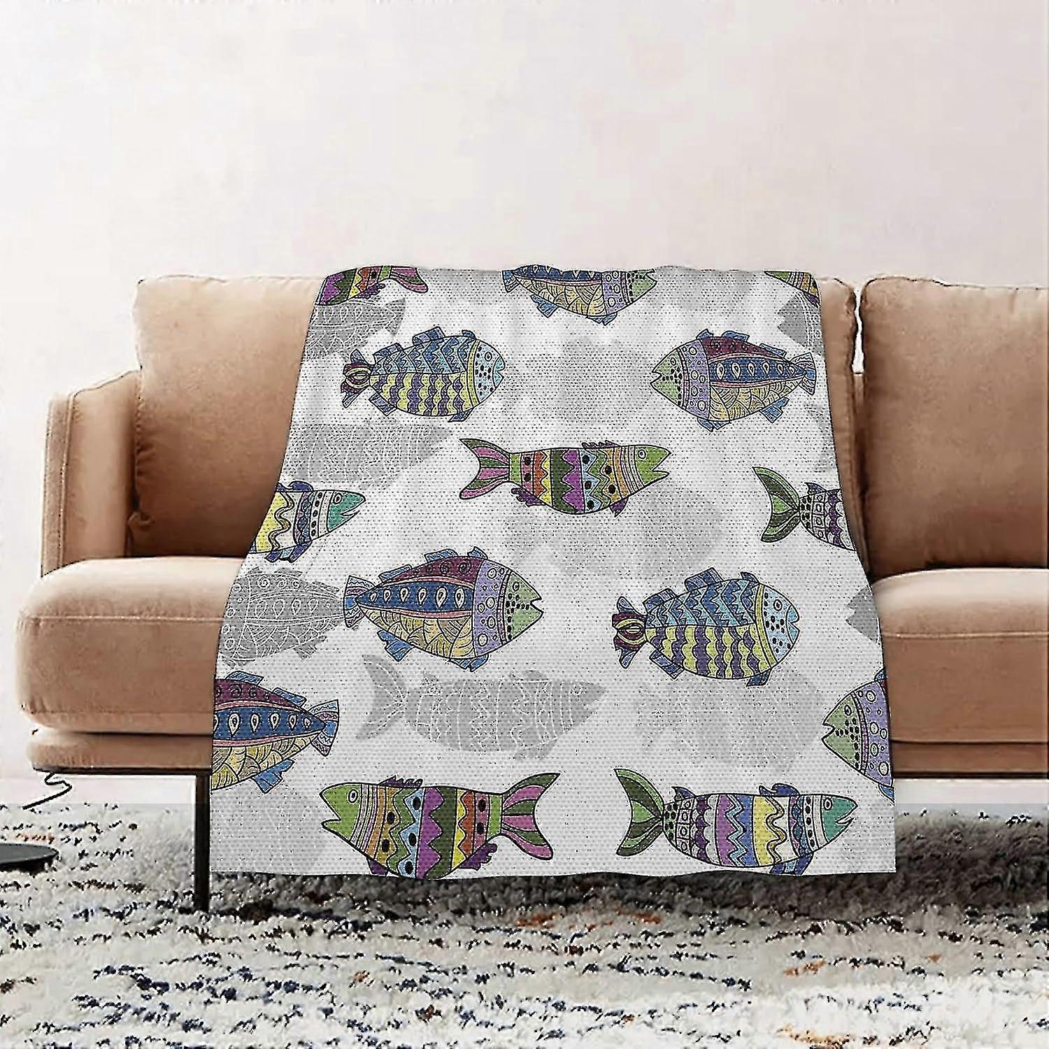 Tæppe Premium Flannel Tæppe - Fiskemønster Med Farverig Undervandsillustration. Blå Gul Flannel Tæppe Sofa Tæppe, Tæppe Fluffy S