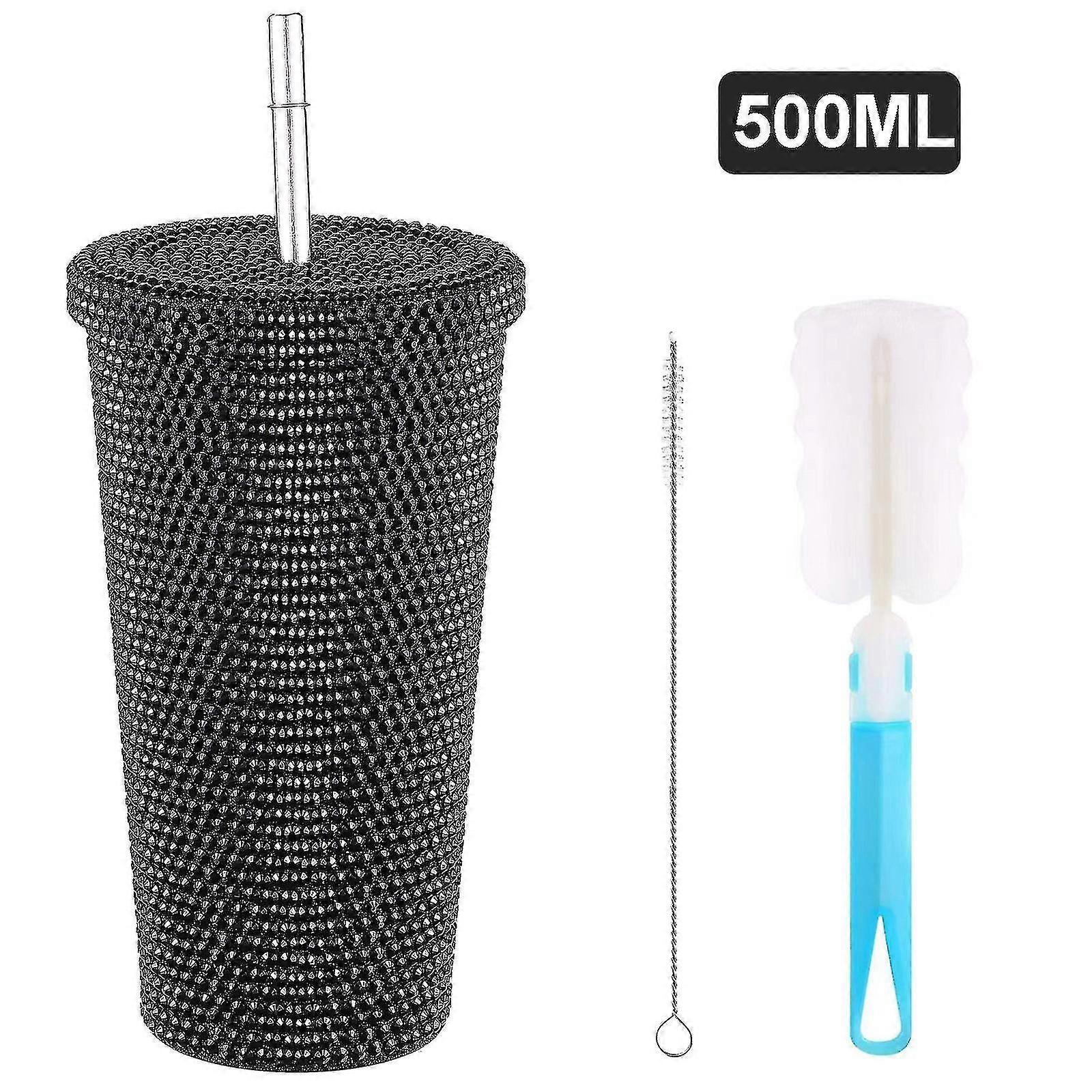 500ml/17oz مرصع بلينغ الماس بهلوان بريق زجاجة ماء مع غطاء الفولاذ المقاوم للصدأ فراغ الحرارية القش بهلوان حجر الراين بهلوان فرش Cy