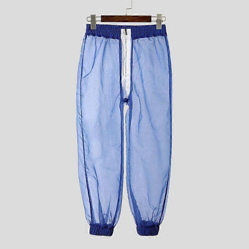 INCERUN Men Elastic Zip-up Waist Stitching Mesh Sheer Long Harem Pants Partywear