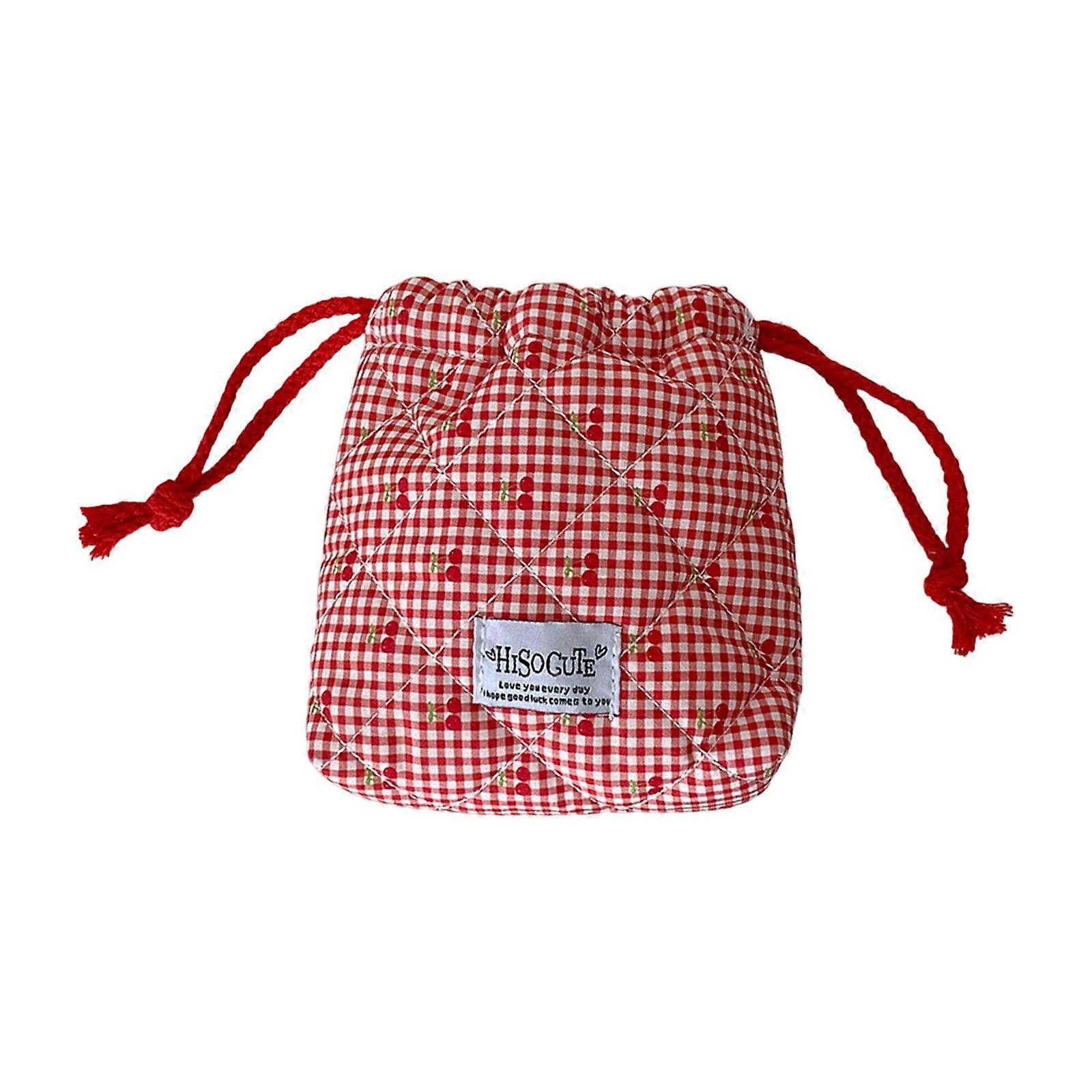 Miniature Gingham Cherrys Print Drawstring Storage Bag Portable Travel Organizers For Small Belongings  Red