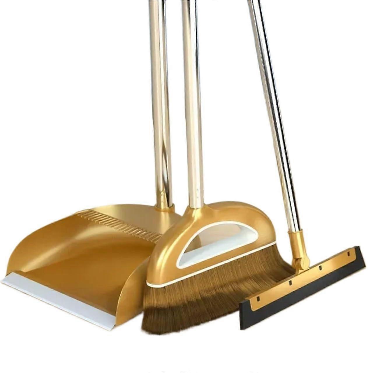 Broom and Dustpan Set with Soft Bristles for Floor Sweeping and Home Cleaning, Gold 3PCS