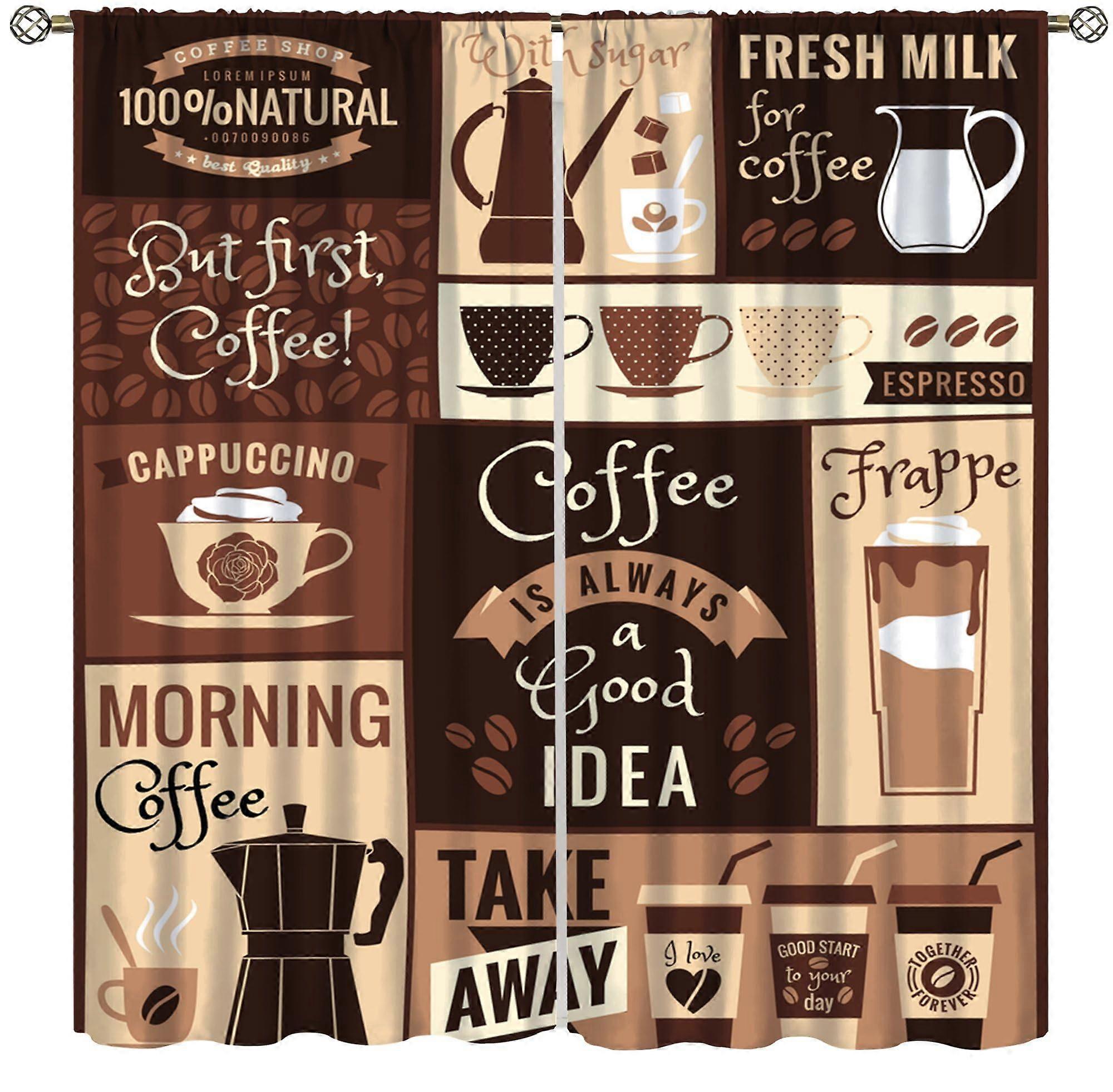 Rustic Coffee Kitchen Curtains with Vintage Latte Cup Pattern for Dining Room, Cafe, Office, 2 Pack Brown19