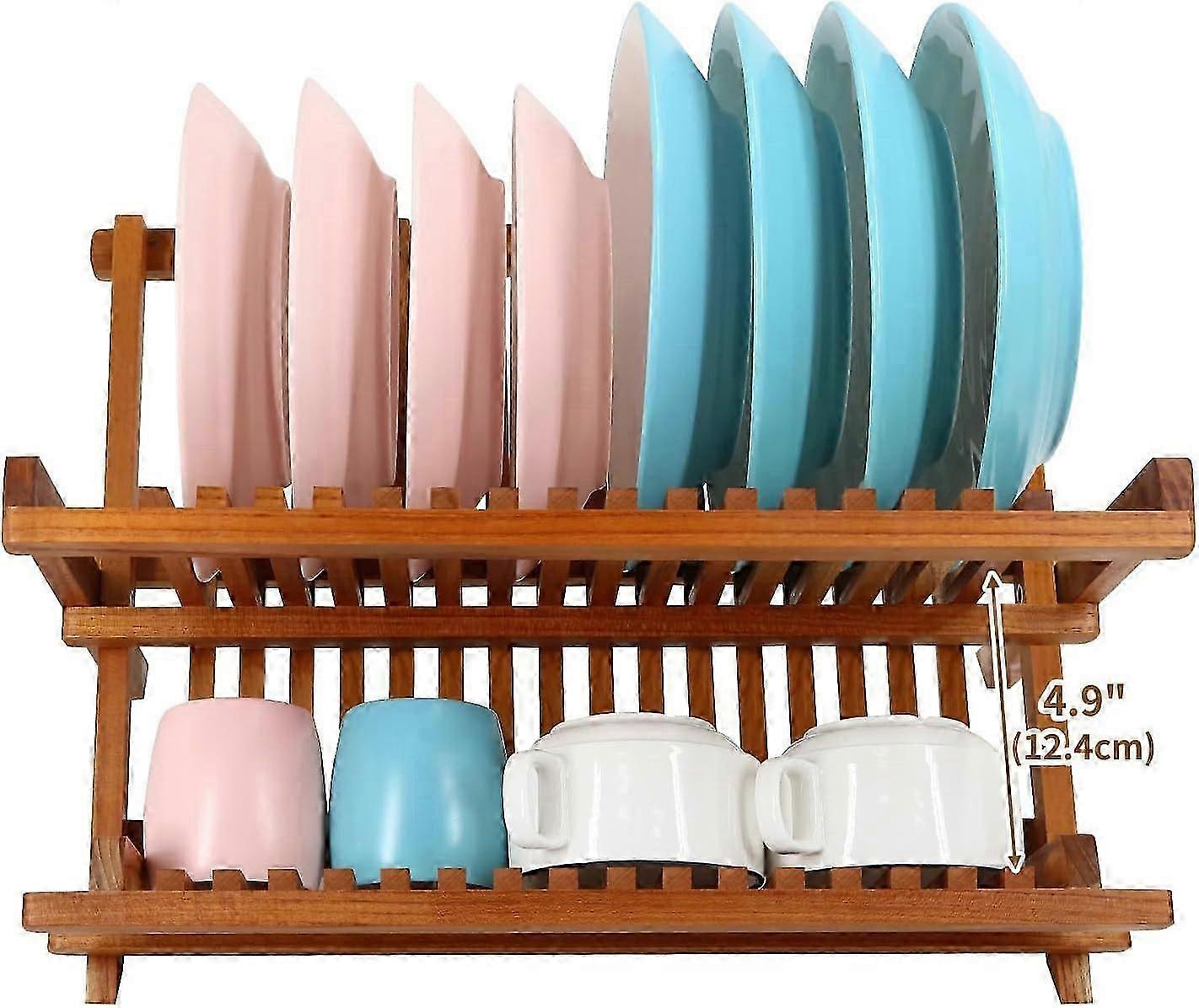 Teak Dish Drainer Rack Collapsible 2 Tier Foldable Kitchen Drying Rack Plate Organizer Compact Design