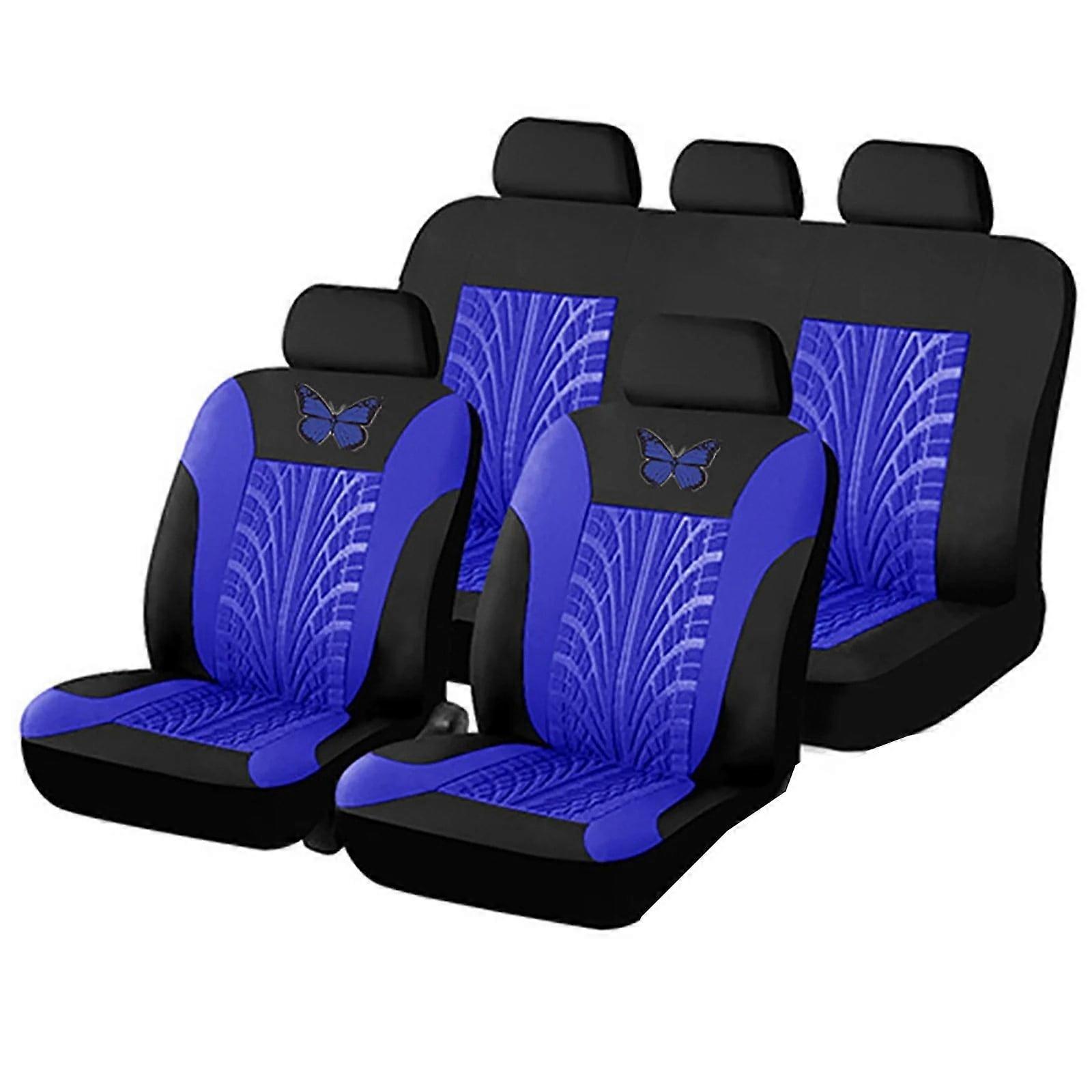 Universal Car Seat Covers Full Set Protector Cushion Front Rear 3D Butterfly Embroidery Pattern, Blue
