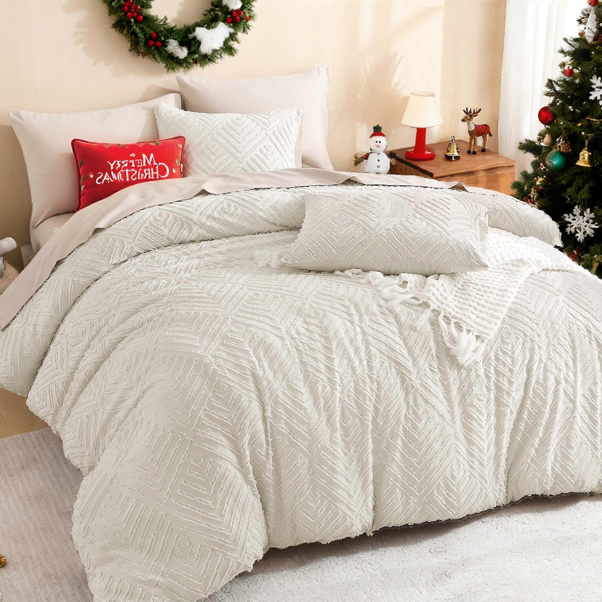 King Size Comforter Set Beige Boho Tufted Design Lightweight All Season Soft Microfiber 3 Piece