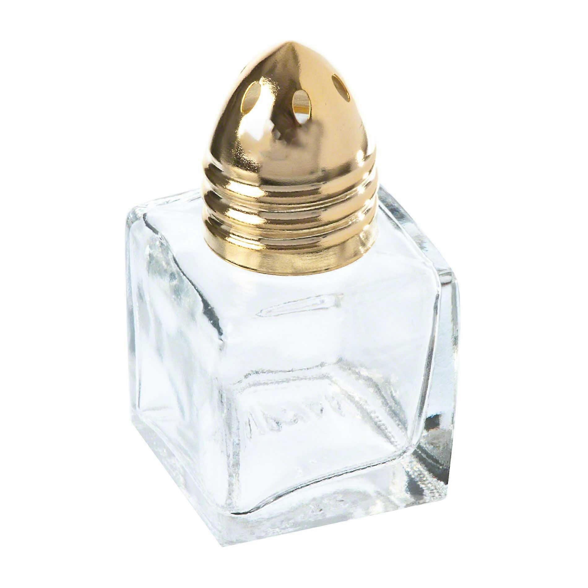 Set of 24 Cube Glass Mini Salt and Pepper Shakers with Polished Gold Lid and Easy Refill
