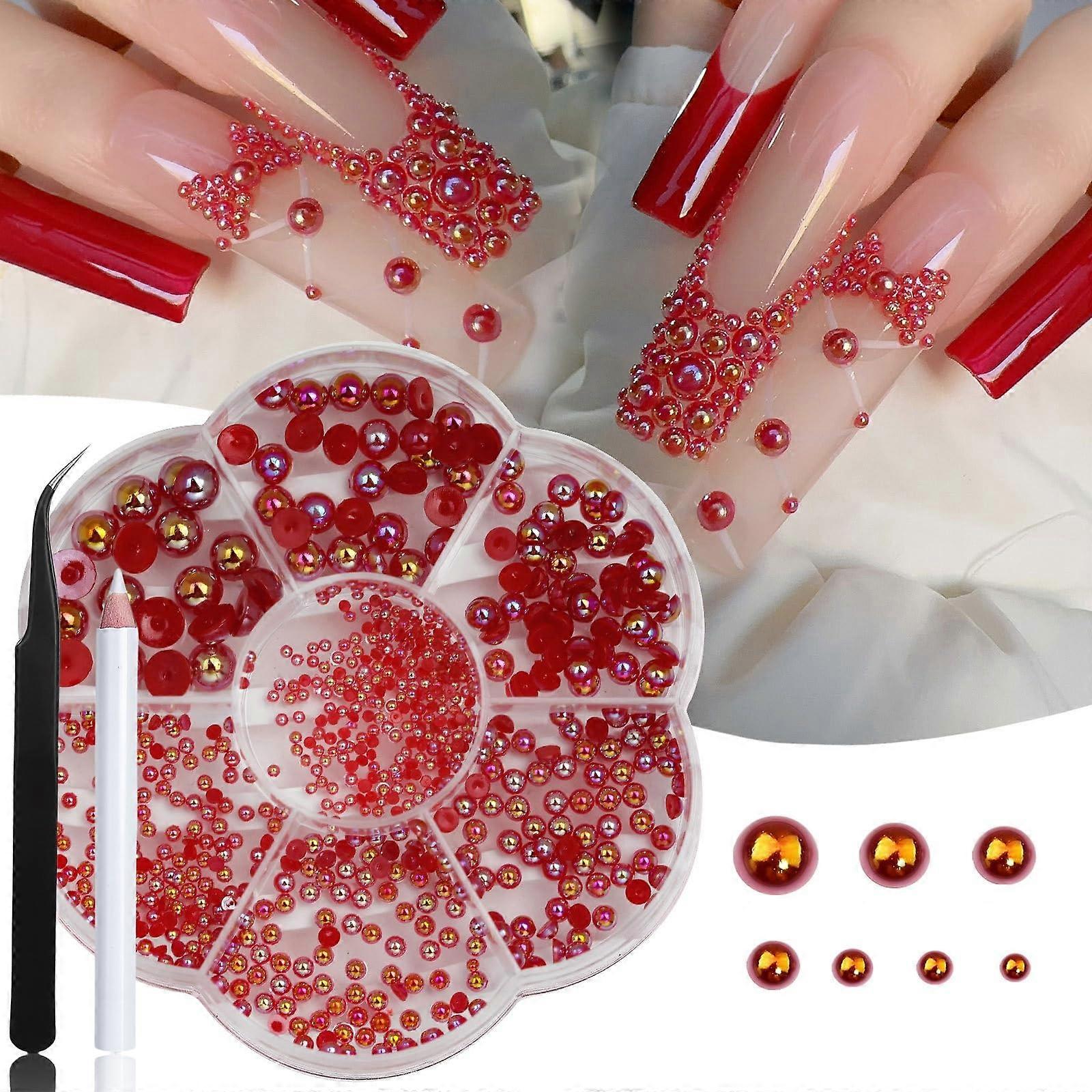 3D Nail Charms Red Half Round Pearls Flatback Metal Pearl Decorations, 7 Sizes 0.59mm