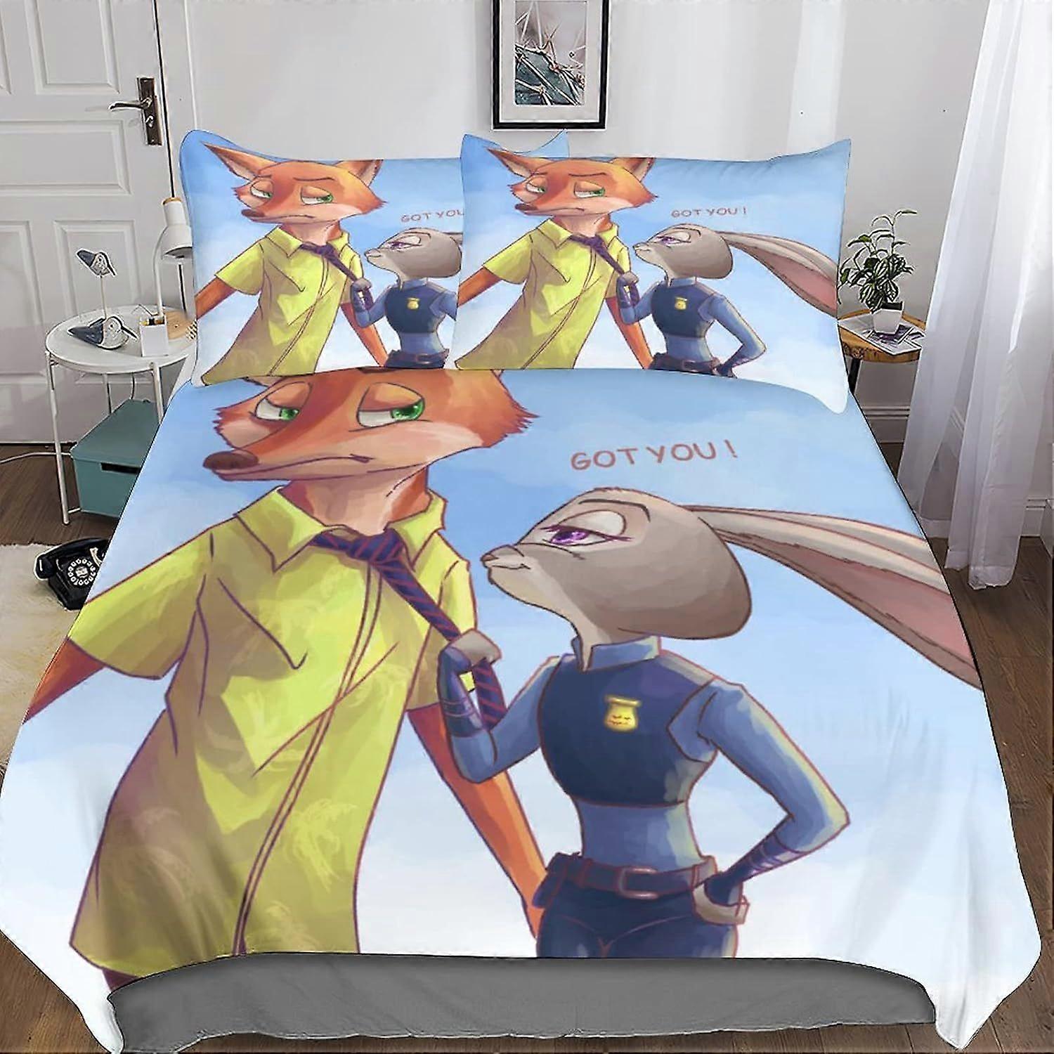 Duvet Cover Set 3D Zootropolis Bedding Set Microfiber Judy Hopps & Nick Wilde Comforter Cover with Pillow & Zipper,Soft 3 Pieces for Childrens And Adu