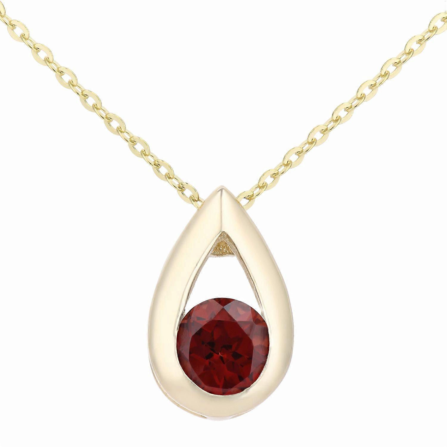 Jewelco London 9 克拉黄金圆形 0.35 克拉石榴石泪滴形吊坠项链 18 英寸 46 厘米