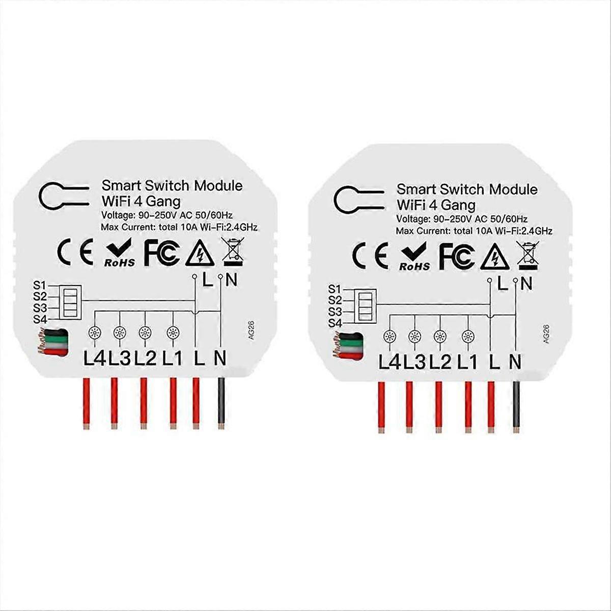 2Pcs 4 Way Smart WiFi Switch Module Tuya Smart Light Control Switch