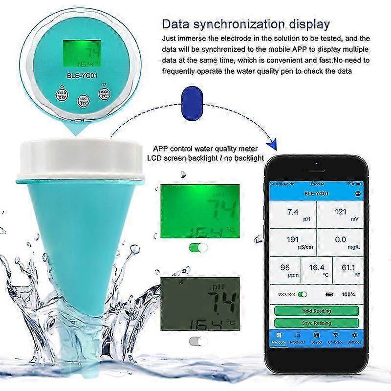 Smart vannkvalitetsmåler 6 i 1 for pH-klor Bluetooth-deteksjon