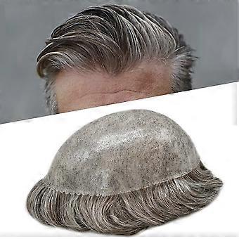 Men's Toupee Thin Skin Brazilian Remy Hair Replacement System Full Poly 7x9 Dark Brown Grey