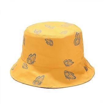 Cute Bucket Hat Beach Fisherman Hats for Women, Reversible Double-Side-Wear (Grey Butterfly, Yellow)