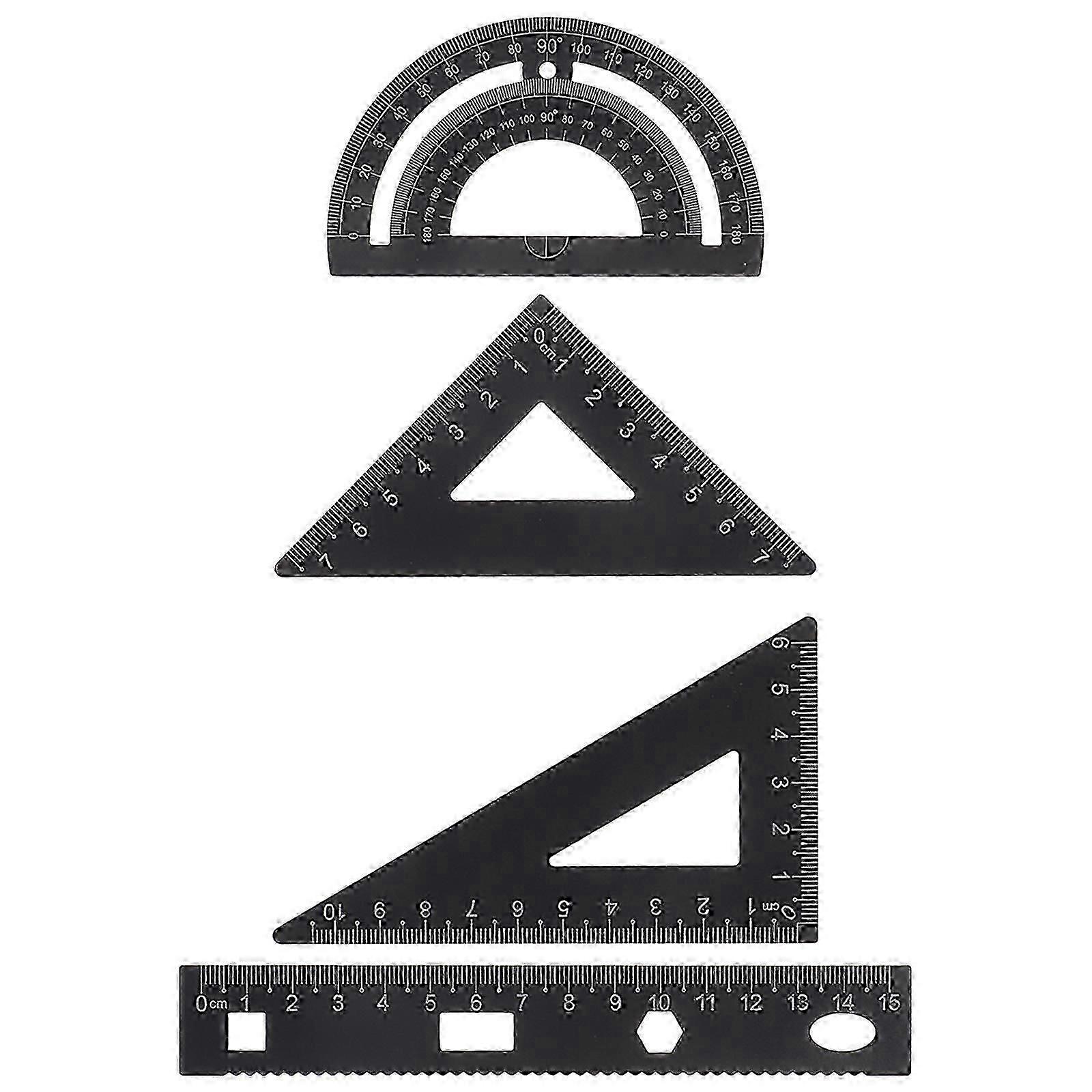 Multi-Functional Measuring Ruler Set Metal Geometry Set School Use Black 4Pcs