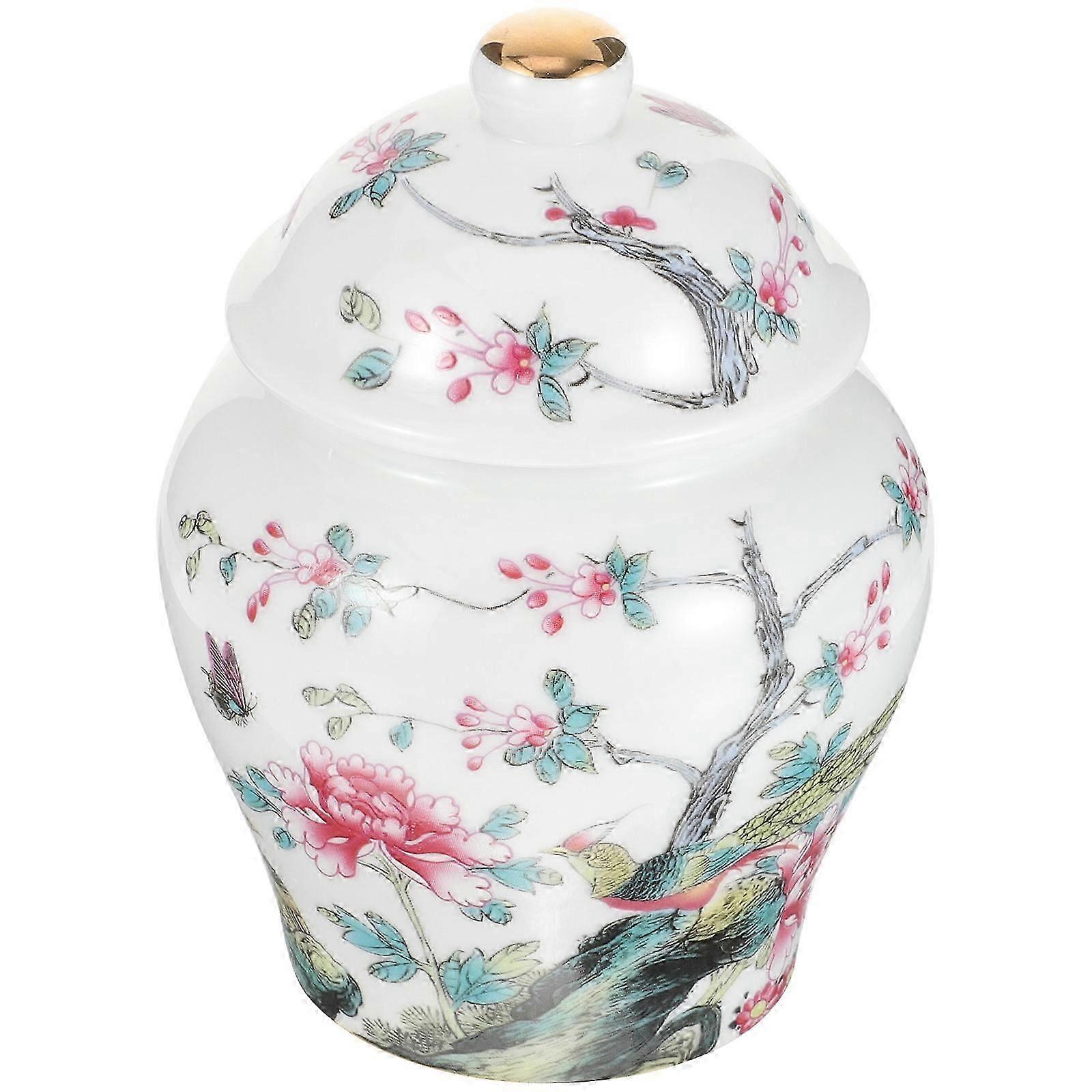Ceramic Tea Canister with Lid, Flower Bird Pattern for Storage