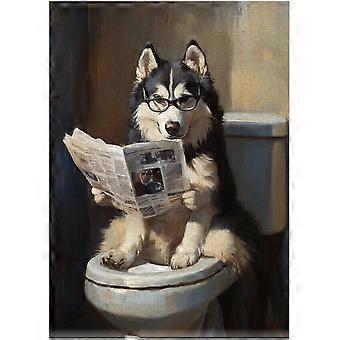 Alaskan Malamute on Toilet Jigsaw Puzzle - Quirky Dog Reading Newwith Glasses - Dog Bathroom Decor Puzzles SQZ932